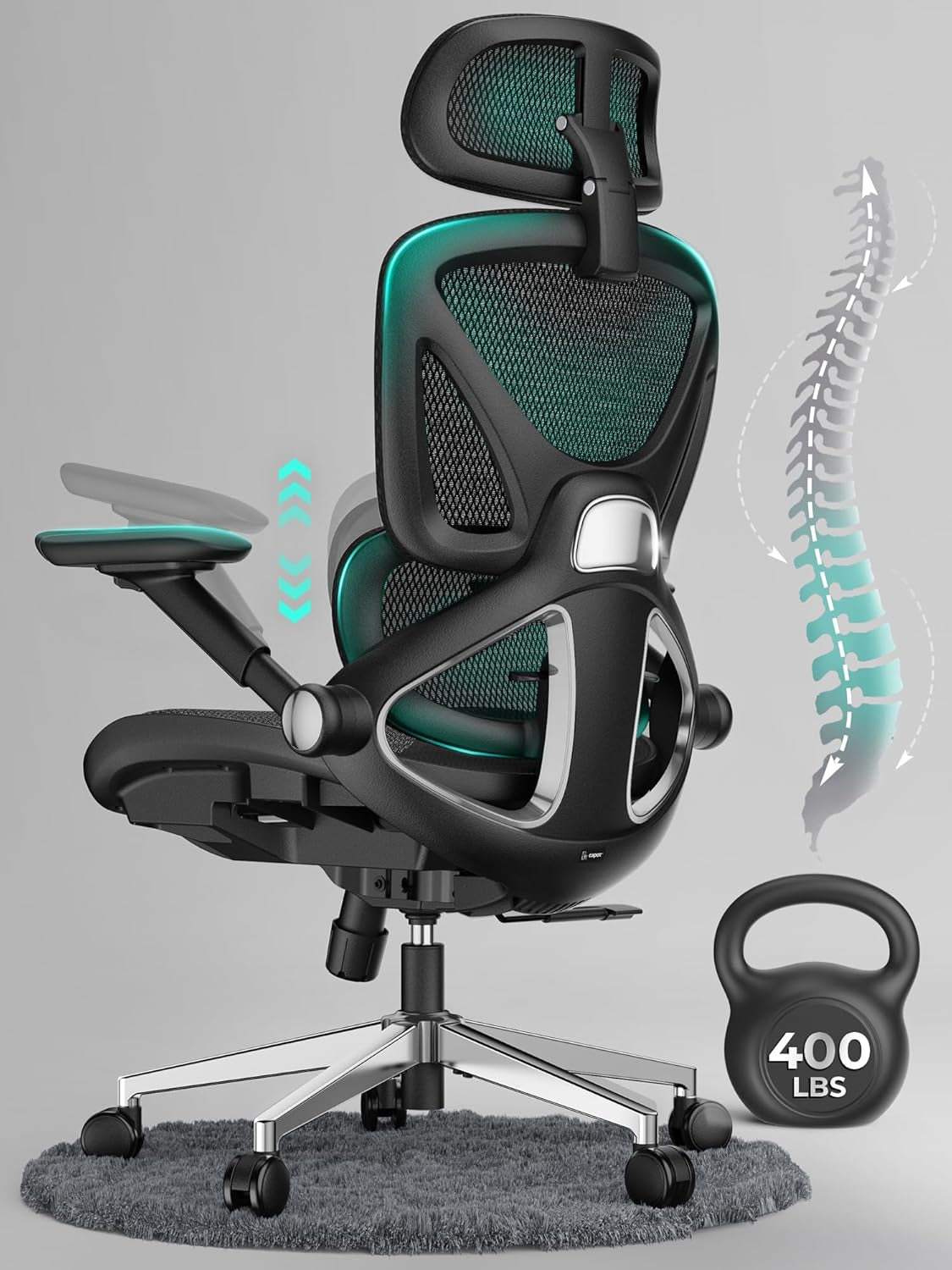 Ergonomic Mesh Office Chair, Adjustable Lumbar High Back Desk Chair 400Lbs, 4D Flip-Up Arms, 3-Level Tilt Backrest, 3D Headrest, PU Wheels, Swivel Rolling Computer Seating for Long Desk Work