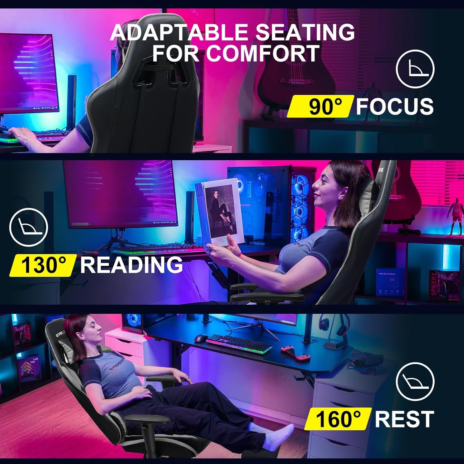 Gaming Chair with Footrest, Ergonomic Computer Game Desk Chair, Reclining Gamer Chair Seat Height Adjustment, Swivel Rocker with Headrest and Lumbar (Gray)
