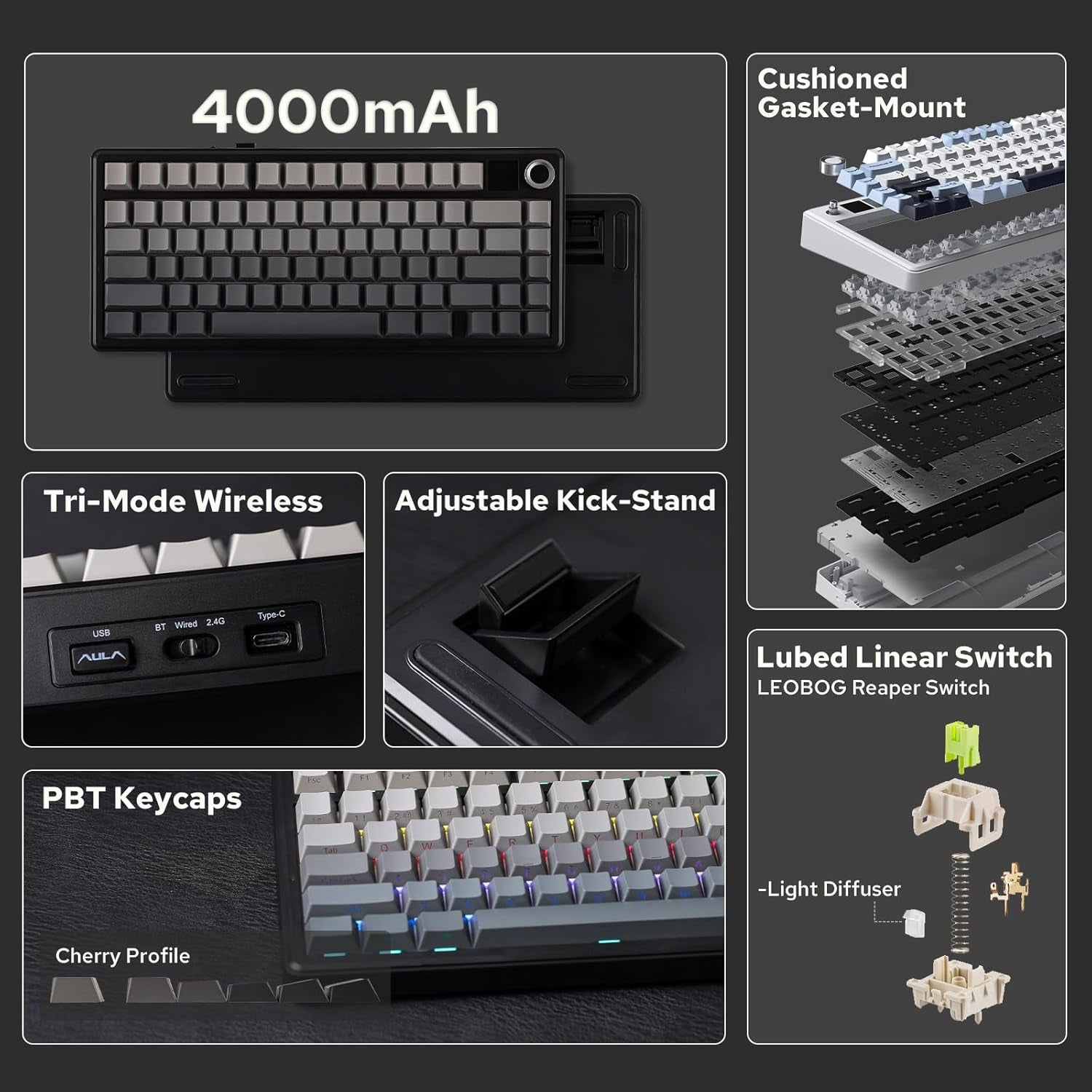 X Aula F75 MAX Wireless Mechanical Keyboard with TFT Screen and Knob, Gasket Gaming Keyboard in 75% Layout, Hot Swappable, RGB Backlight, for Pc/Mac/Linux (Black Gradient)