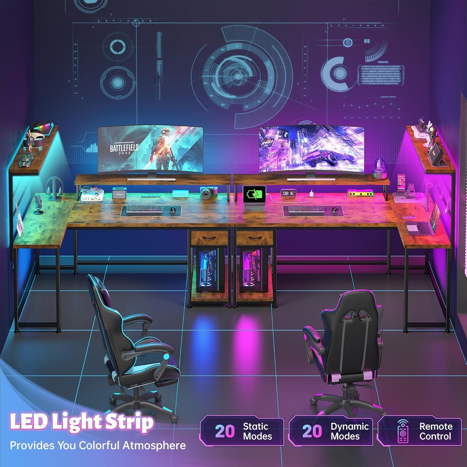 53 Inch Gaming Desk with Hutch & Drawer, Reversible L Shaped Computer Desk with Hooks & Monitor Stand, Table for Writing with LED Light & Power Outlet,Corner Desk for Office, Rustic Brown