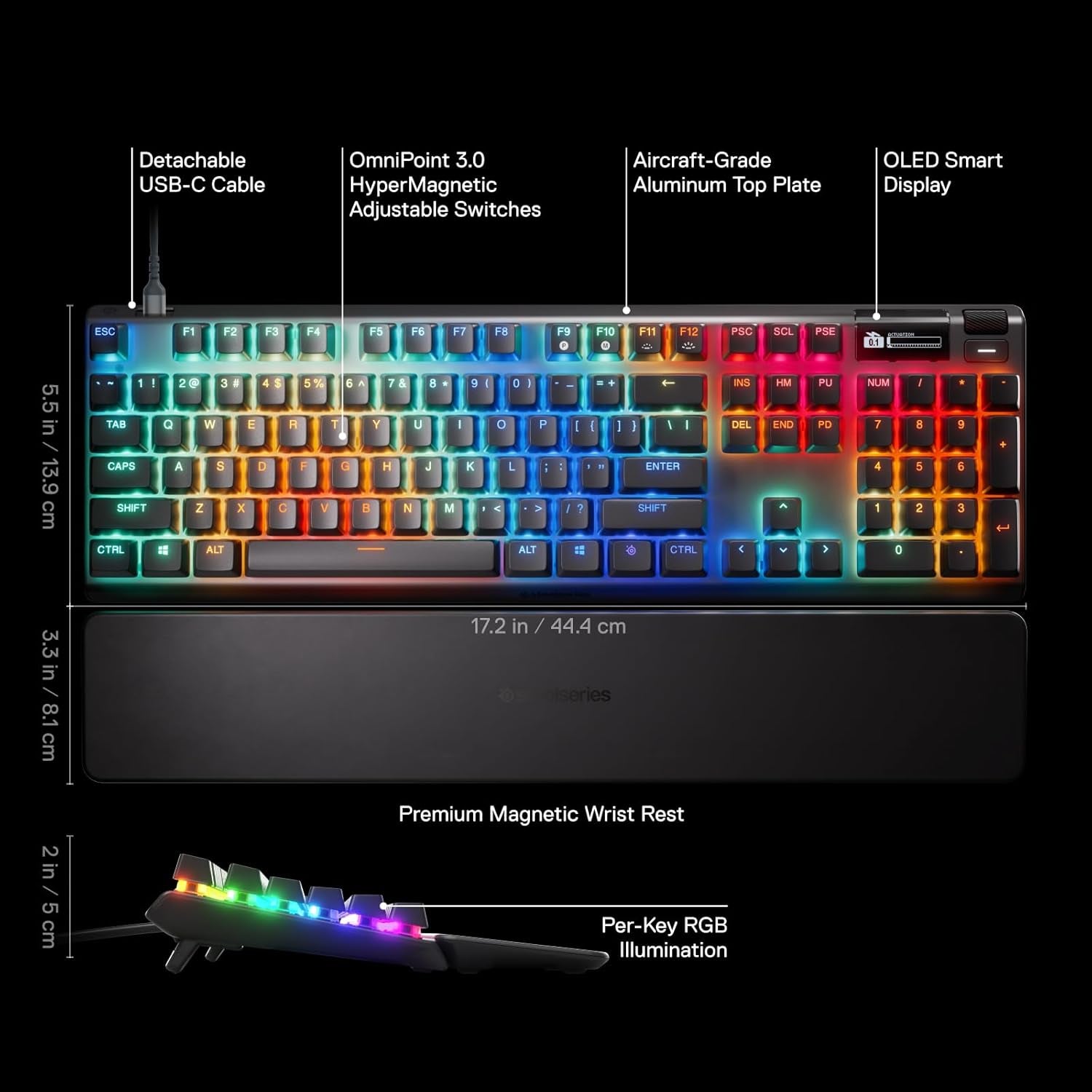 Apex Pro Gen 3 Omnipoint 3.0 Hypermagnetic Switches — Adjustable Actuation — Rapid Trigger — Game-Ready Presets — Protection Mode — Rapid Tap/Socd — OLED — RGB — PBT Keycaps — USB-C