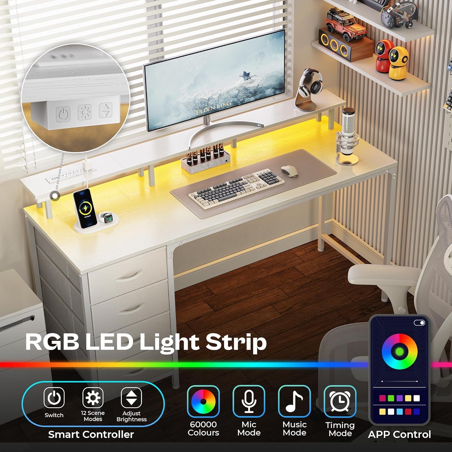 55 Inch Computer Desk with Power Outlets and LED Lights, Gaming Desk with 4 Drawers, Office Desk with Monitor Stand, Study Work Home Office, White