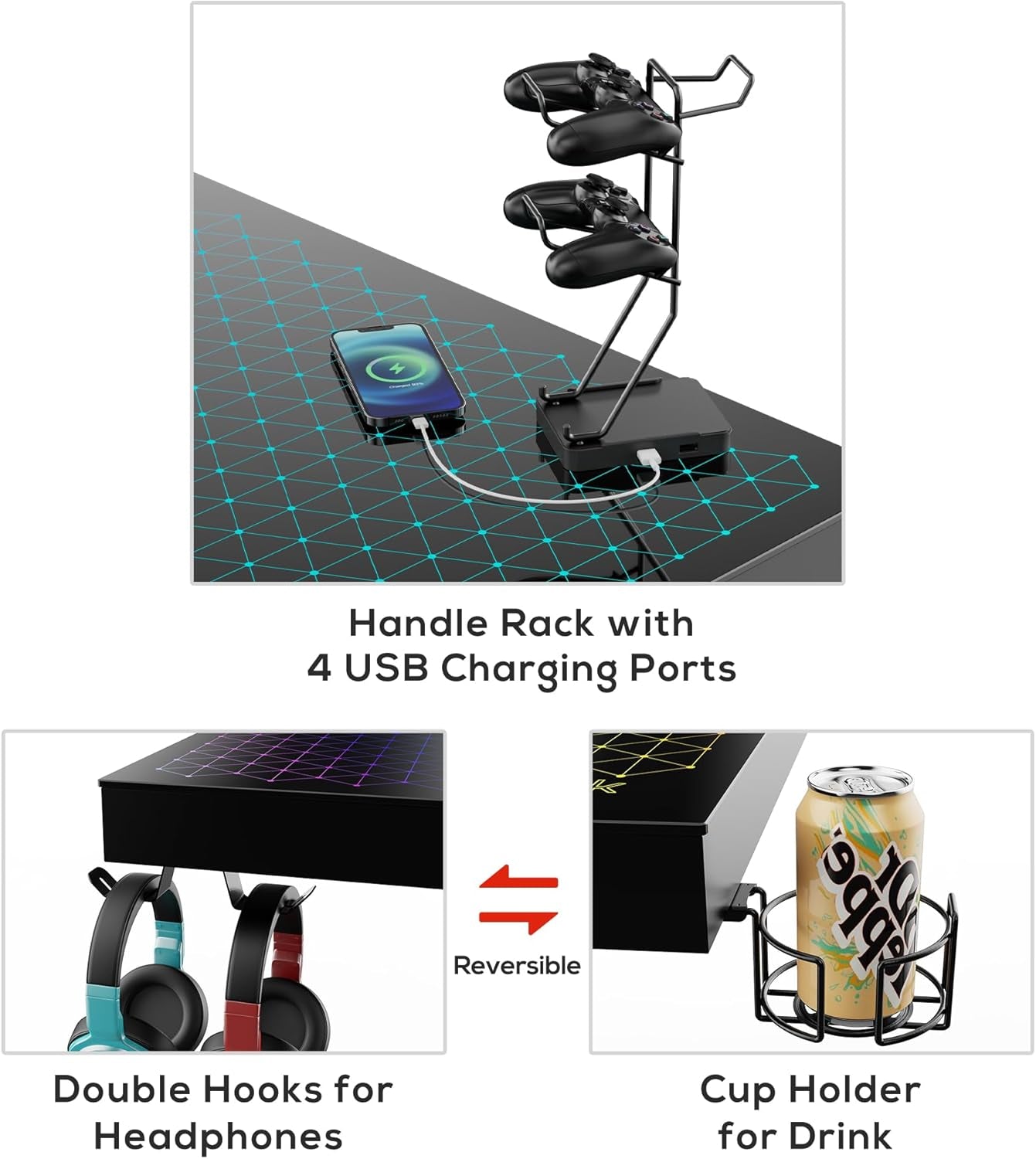 RGB LED Gaming Desk, Music Sync Lights up Tempered Glass Desktop, 43" GTG I43 Home Office Computer Table W Controller Rack 4 USB Charging Ports, APP Control