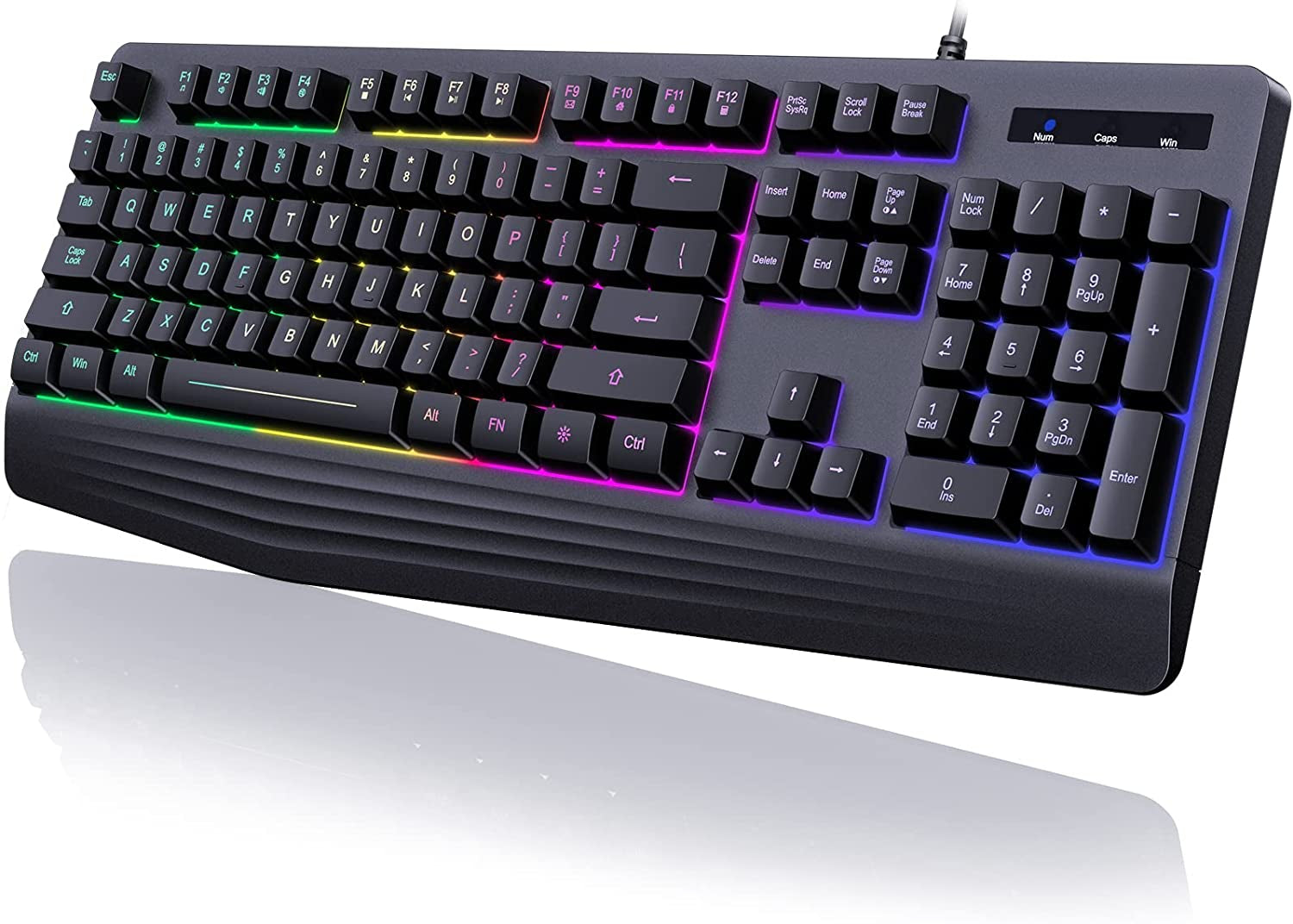 Gaming Keyboard, 7-Color Rainbow LED Backlit, 104 Keys Quiet Light up Keyboard, Wrist Rest, Whisper Silent, Anti-Ghosting Multimedia Keys, Waterproof USB Wired Keyboard for PC Mac Xbox