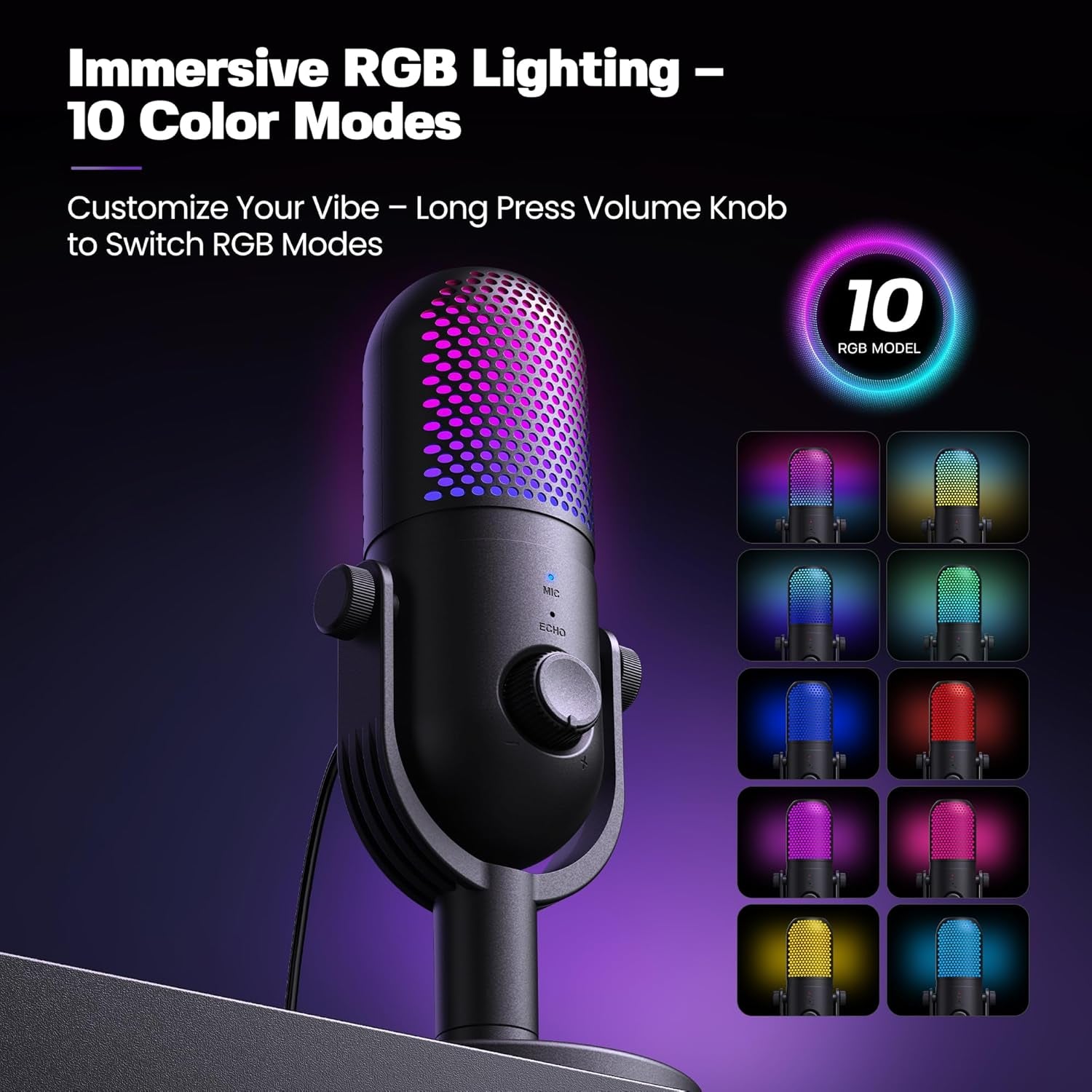 USB Microphone for PC Gaming: Condenser Microphone RGB for Gamer with Stand Mic - Recording Mic for Computer&Laptop with Qiuck Mute - Desk Podcast Mic for Podcast & Singing & Streaming & Youtube Black