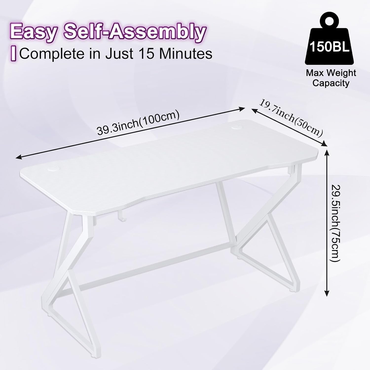 Gaming Desk Z Shaped 40 Inch Gamer Workstation, Home Computer Carbon Fiber Surface Gaming Desk PC Table with Headphone Hook, Carbon Fiber White