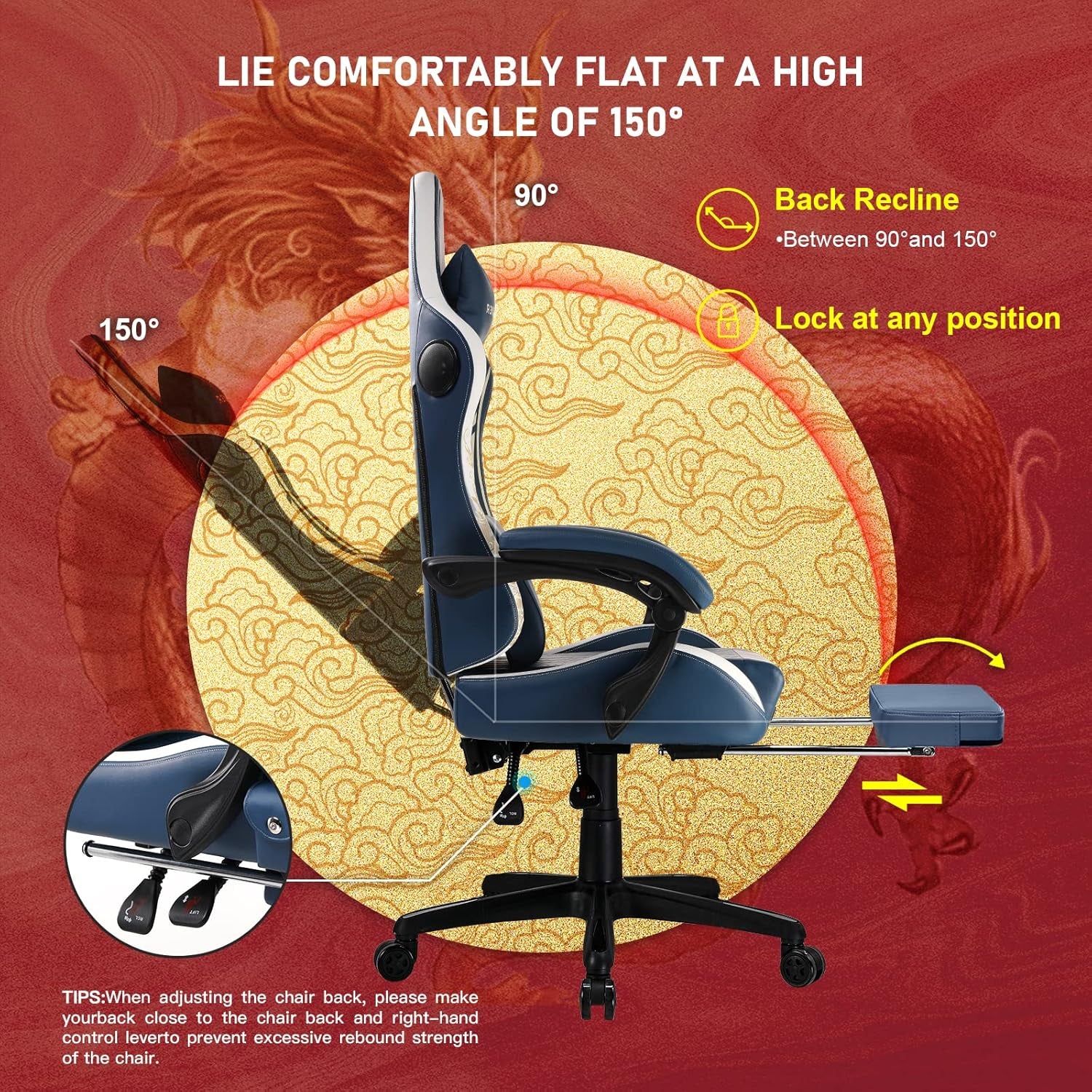 Gaming Chair with Bluetooth Speakers and Footrest, Dragon Series Video Game Chair ，Heavy Duty, Ergonomic, Esports Computer Office Chair Blue (Royal Blue)