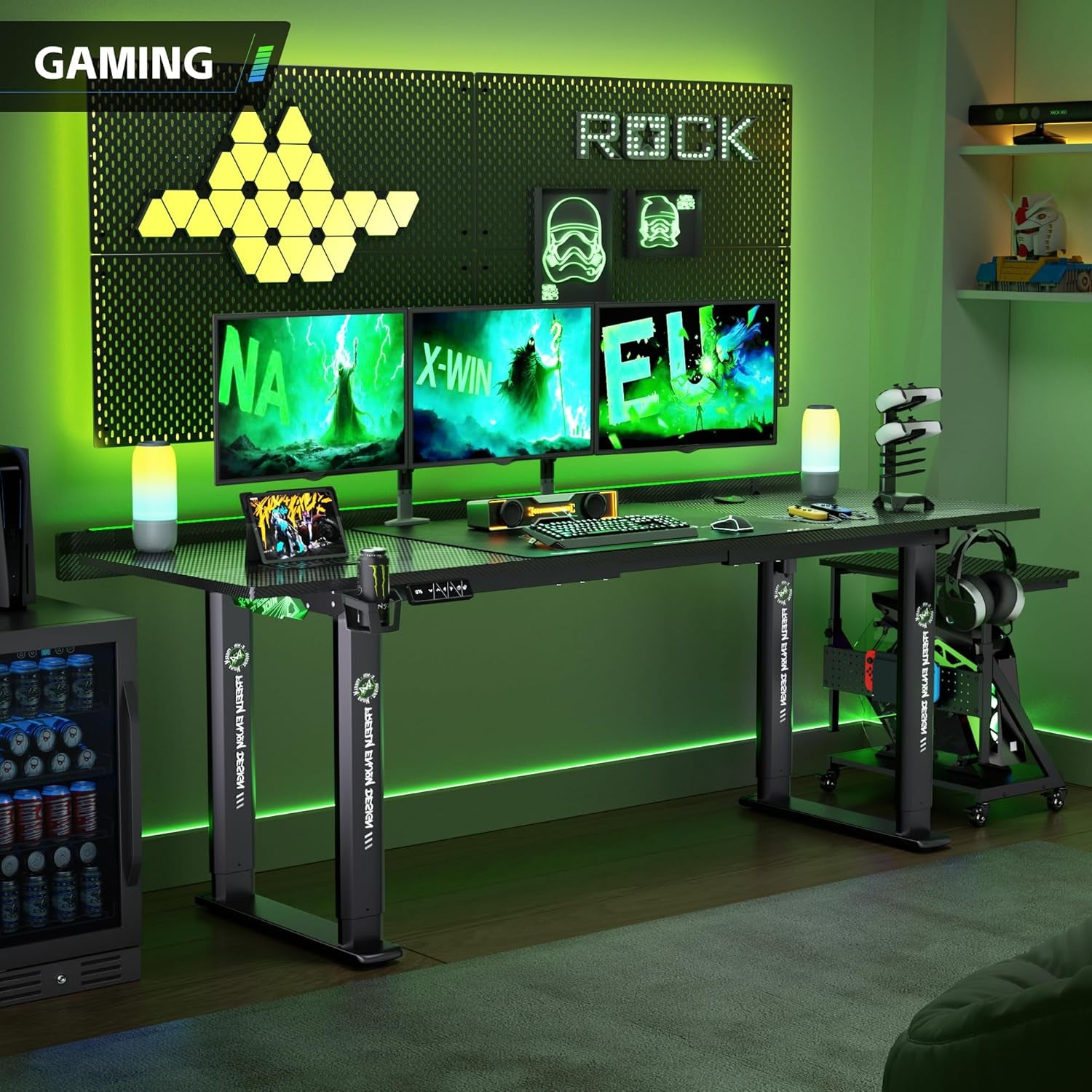 71" X 30" Gaming Standing Desk, 4-Leg Electric Height Adjustable, Sit to Stand Desk with LED Light and Locking Wheels, Flip-Top Design, Ergonomic Computer Desk, Carbon Fiber Texture
