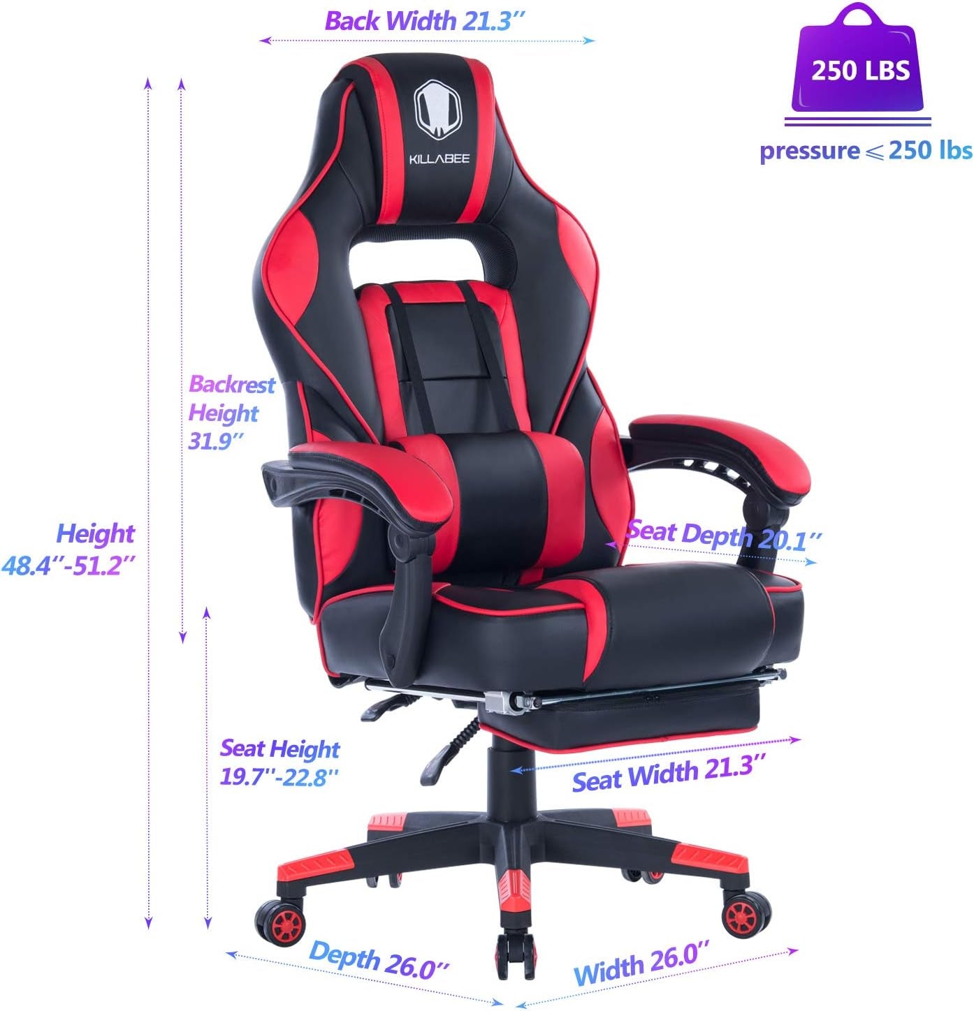 Massage Gaming Chair High Back PU Leather PC Racing Computer Desk Office Swivel Recliner with Retractable Footrest and Adjustable Lumbar Support, Red/Black