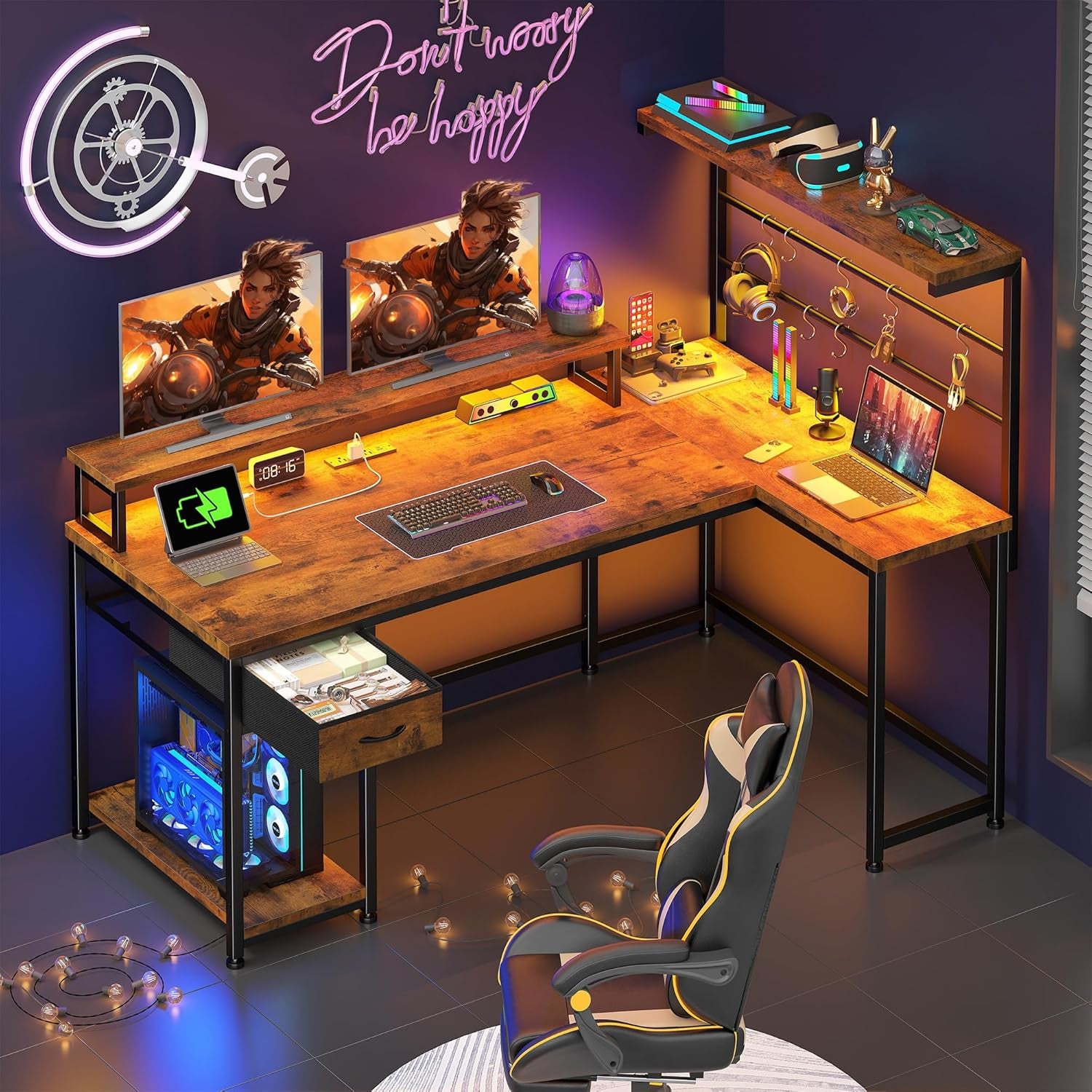 53 Inch Gaming Desk with Hutch & Drawer, Reversible L Shaped Computer Desk with Hooks & Monitor Stand, Table for Writing with LED Light & Power Outlet,Corner Desk for Office, Rustic Brown
