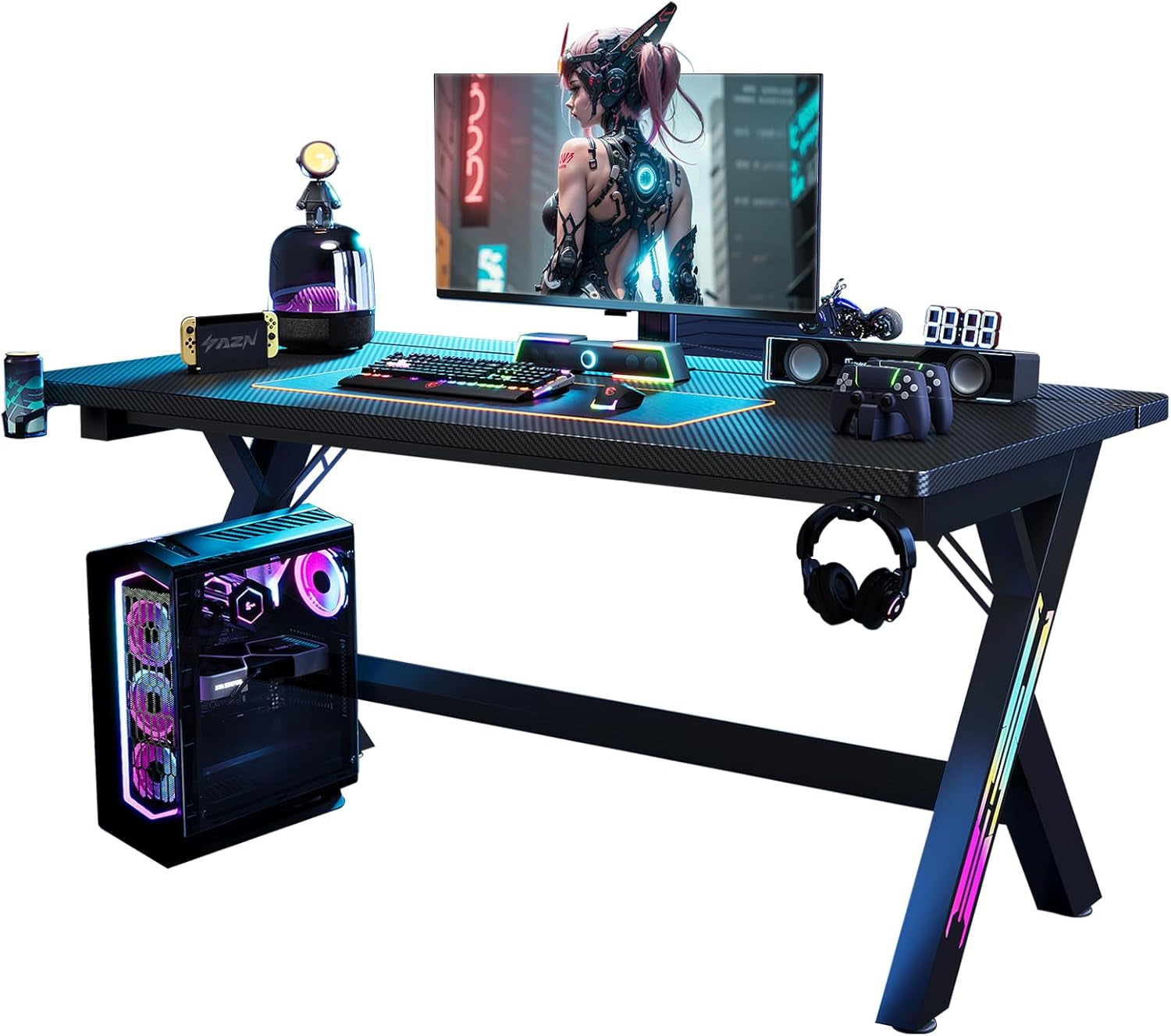 55.11 Inch Gaming Desk Computer Desk with LED Lights, Sturdy Small Desk for Bedroom, Home Office Desks Ergonomic PC Gaming Table Workstation W/Cup Holder, Headphone Hook, Cable Box, Carbon Fiber Black