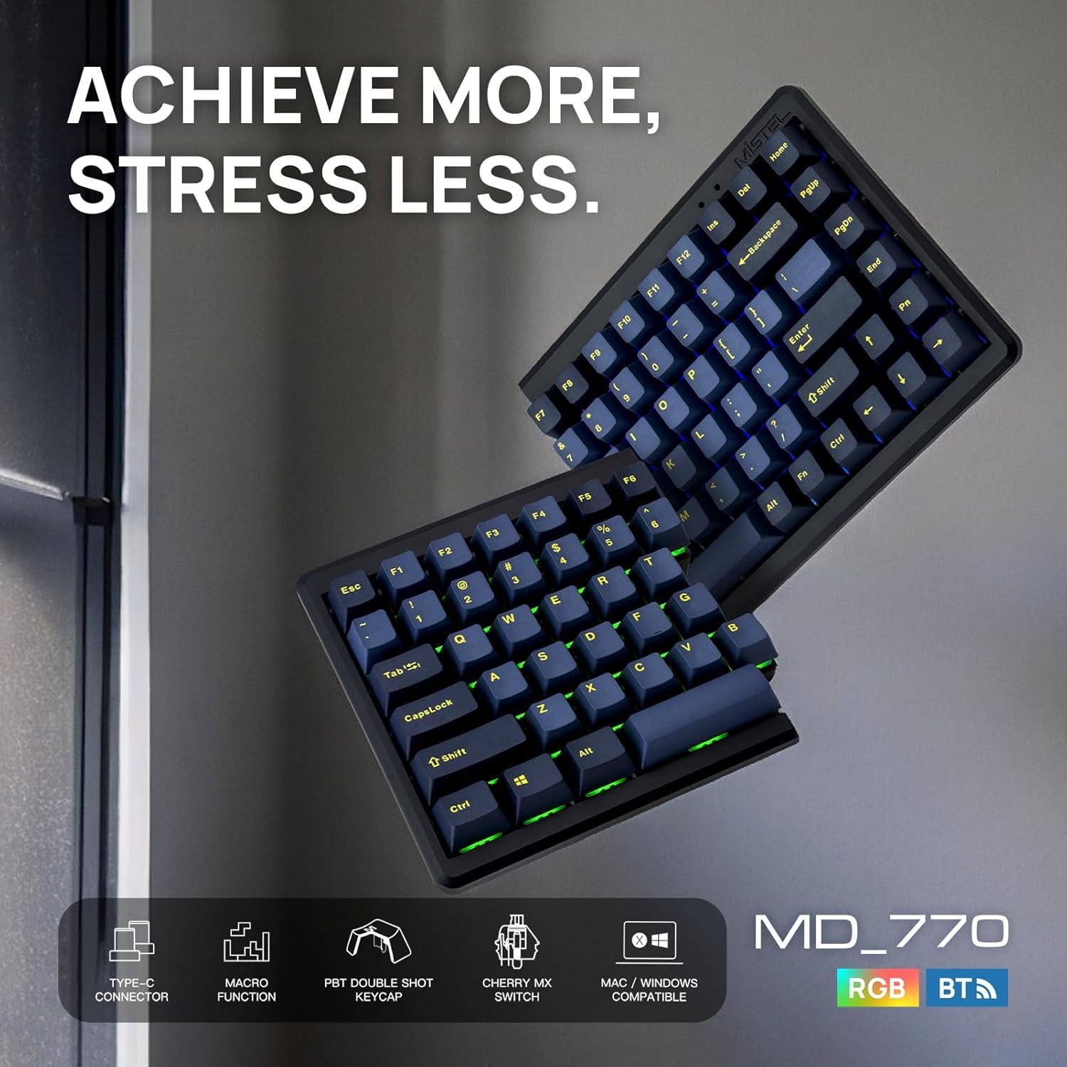 MD770 RGB BT5.0 Glaze Blue TKL Ergonomic Mechanical Keyboard, 75% Split Layout, Cherry MX, PBT Doubleshot Keycap, Mac/Windows OS Compatible (Cherry Blue)