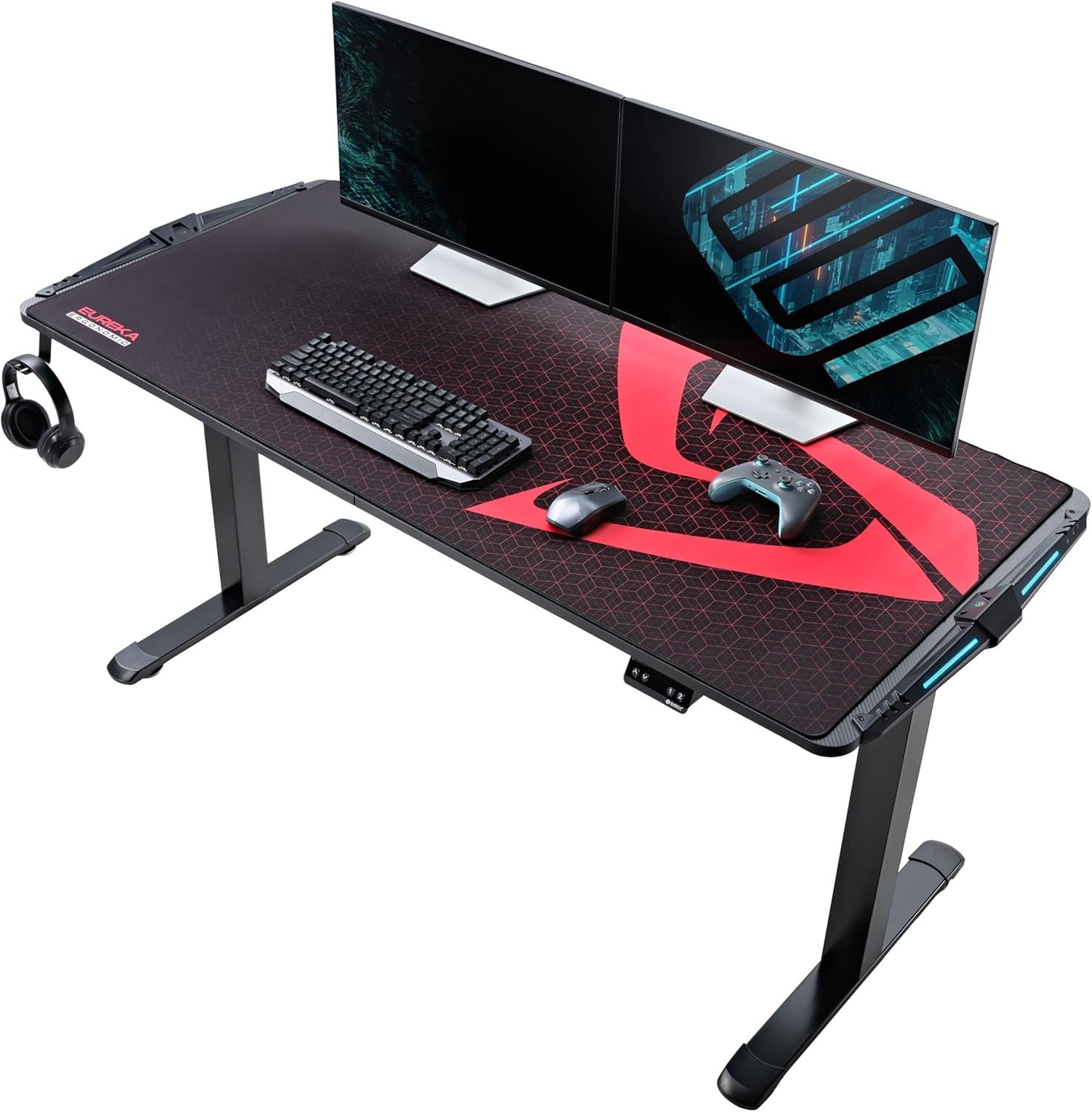 65 Inch Electric Height Adjustable Gaming Desk Standing Desk, Large Computer Table with RGB LED Lights and Extended Gaming Mouse Mat for Gaming and Home Office,Black