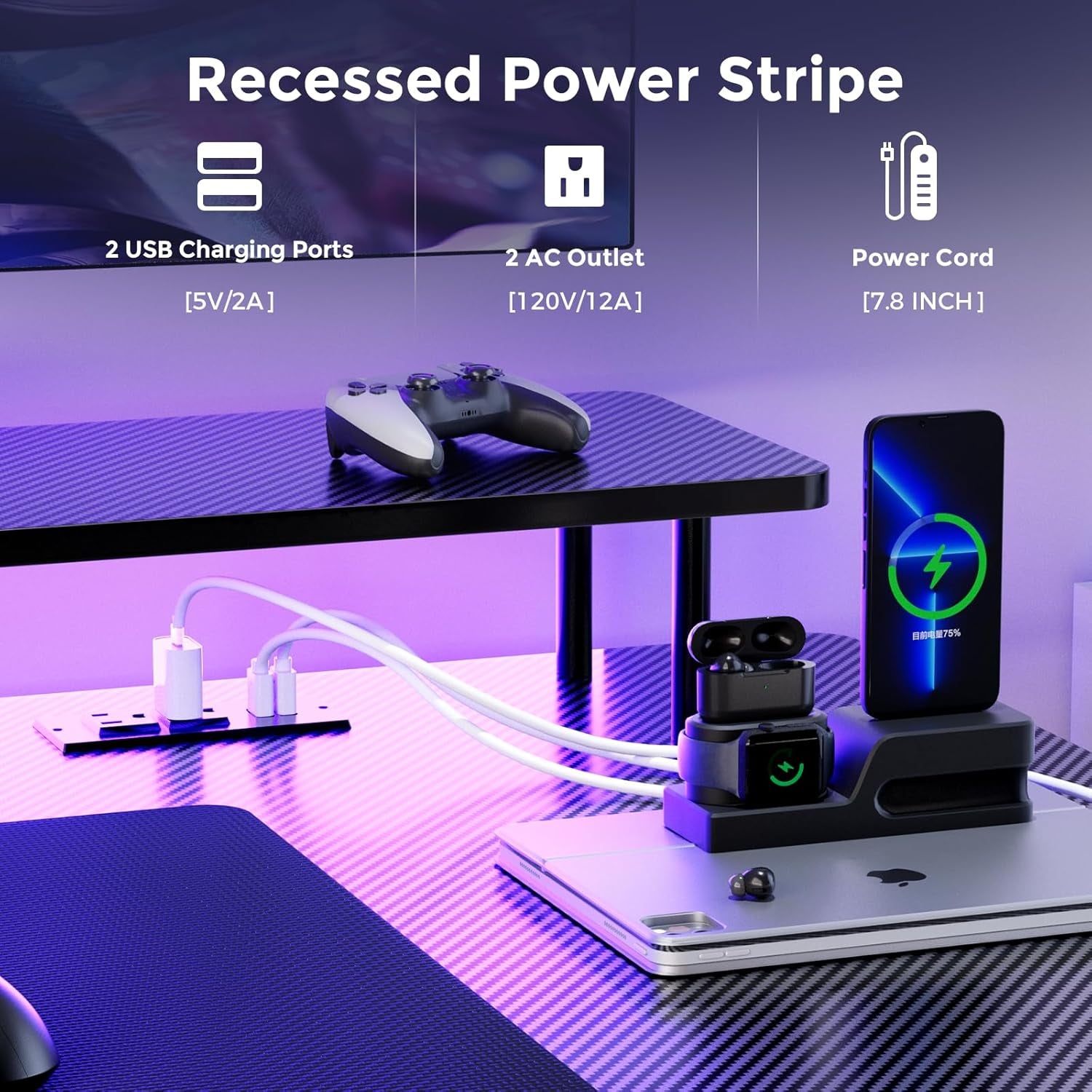 55 Inch Gaming Desk with LED Lights & Power Outlet, Computer Gamer Desk with Monitor Stand, Ergonomic Carbon Fiber Gaming Table Home Office Desk with Headphone Hook & Mouse Pad