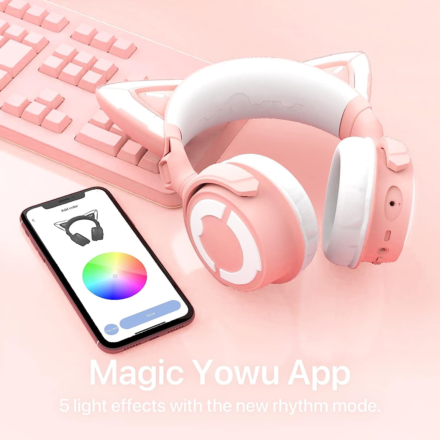 RGB Cat Ear Headphone 4, Upgraded Wireless & Wired Gaming Headset with Attachable HD Microphone -Active Noise Reduction, Dual-Channel Stereo & Customizable Lighting and Effect via APP (Pink)