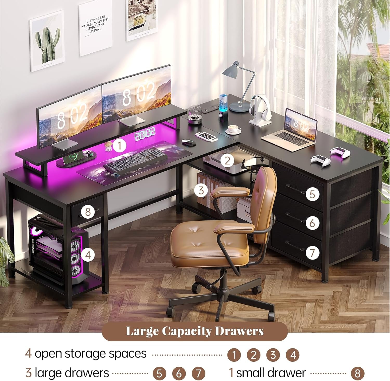 61" L Shaped Computer Gaming Desk with USB Charging Ports and LED Lights, Reversible Corner Desk with Drawers, Home Office Desk with Storage Shelves, Black