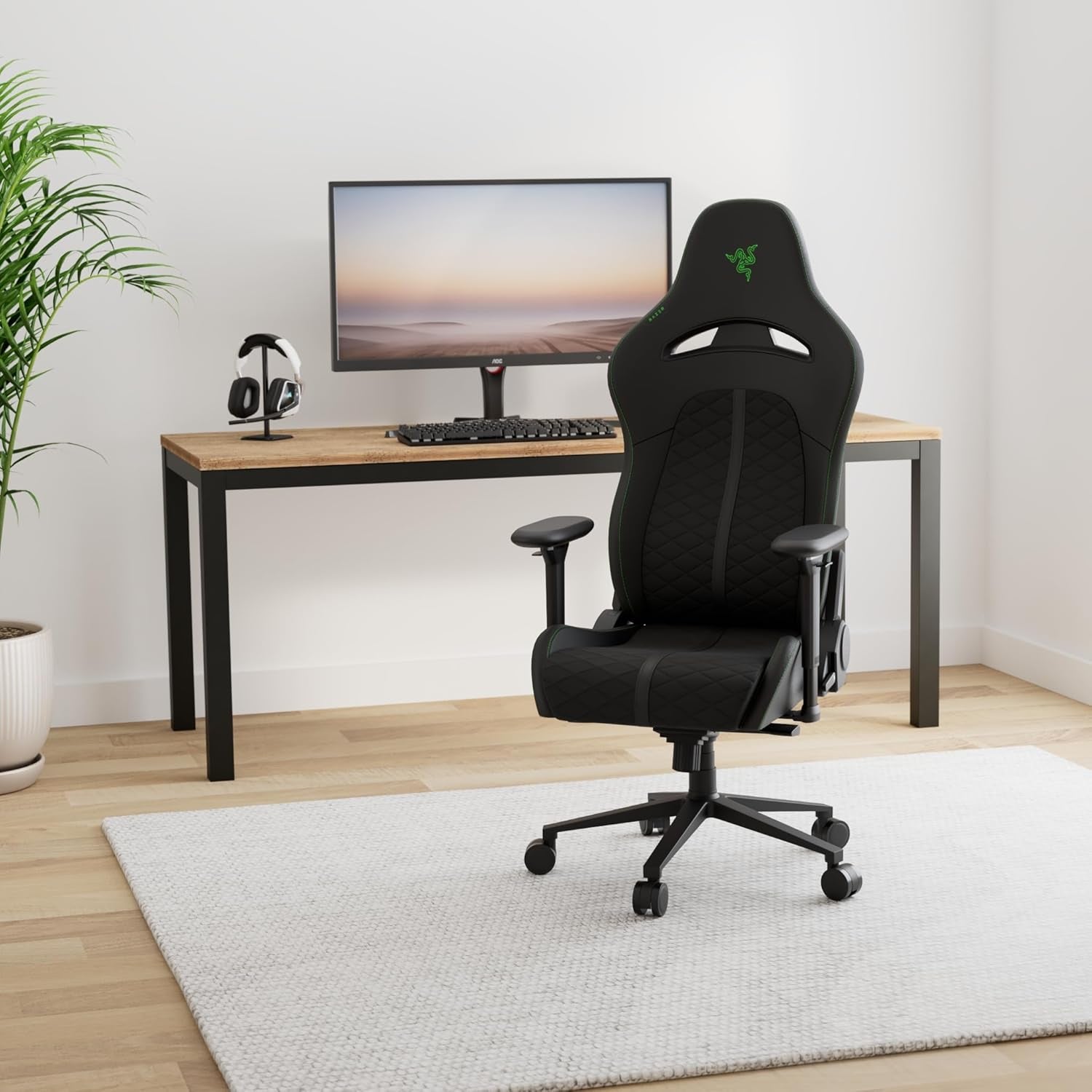 Enki Gaming Chair: All-Day Comfort - Built-In Lumbar Arch - Optimized Cushion Density - Dual-Textured, Eco-Friendly Synthetic Leather - Reactive Seat Tilt & 152-Degree Recline - Black/Green