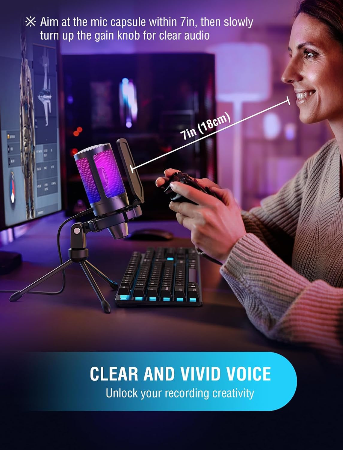 Gaming USB Microphone for PC PS5, Condenser Mic with Quick Mute, RGB Indicator, Tripod Stand, Pop Filter, Shock Mount, Gain Control for Streaming Discord Twitch Podcasts Videos- Ampligame