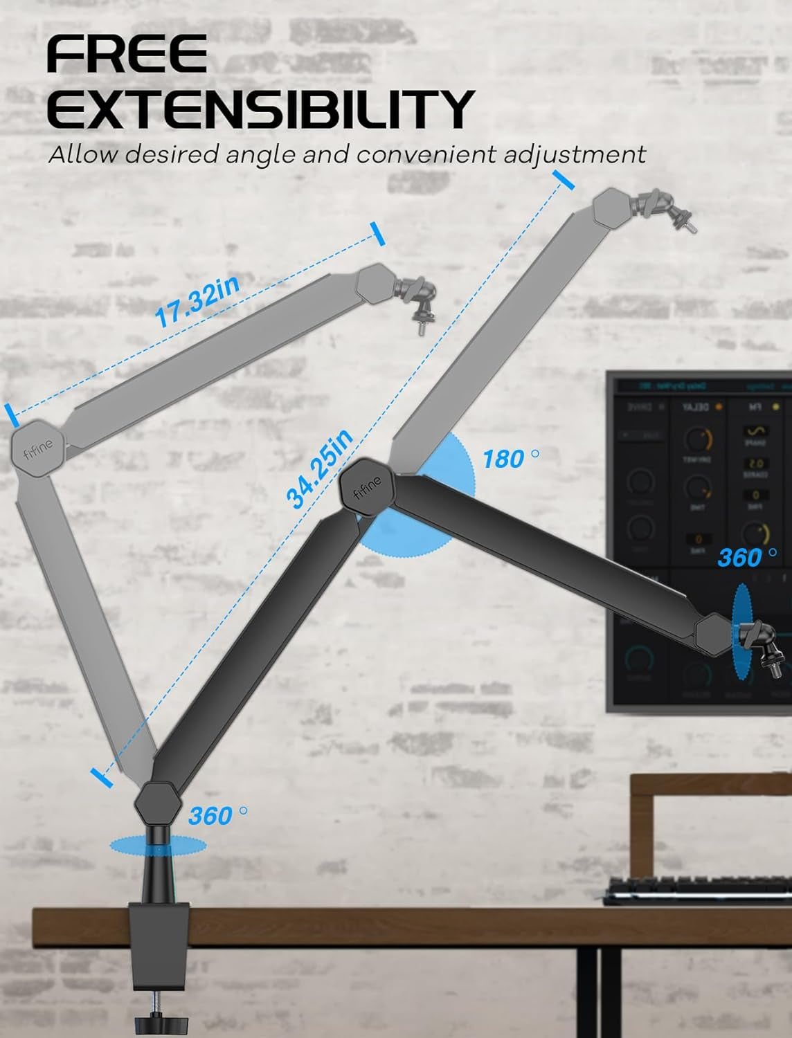 Mic Arm Stand, Microphone Boom Arm with Desk Clamp, Cable Channels, 3/8" to 5/8" Threads, Heavy Metal Microphone Stand for Podcast, Vocal Recording, Gaming-Bm66 Black