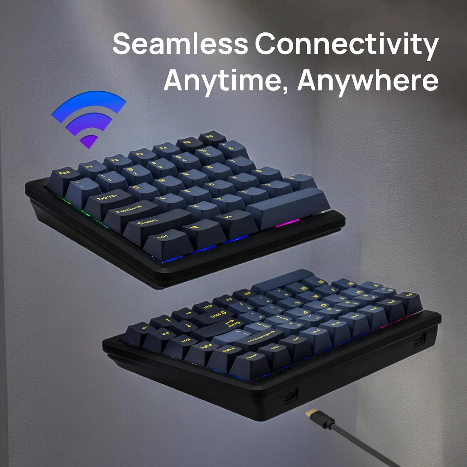 MD770 RGB BT5.0 Glaze Blue TKL Ergonomic Mechanical Keyboard, 75% Split Layout, Cherry MX, PBT Doubleshot Keycap, Mac/Windows OS Compatible (Cherry Blue)