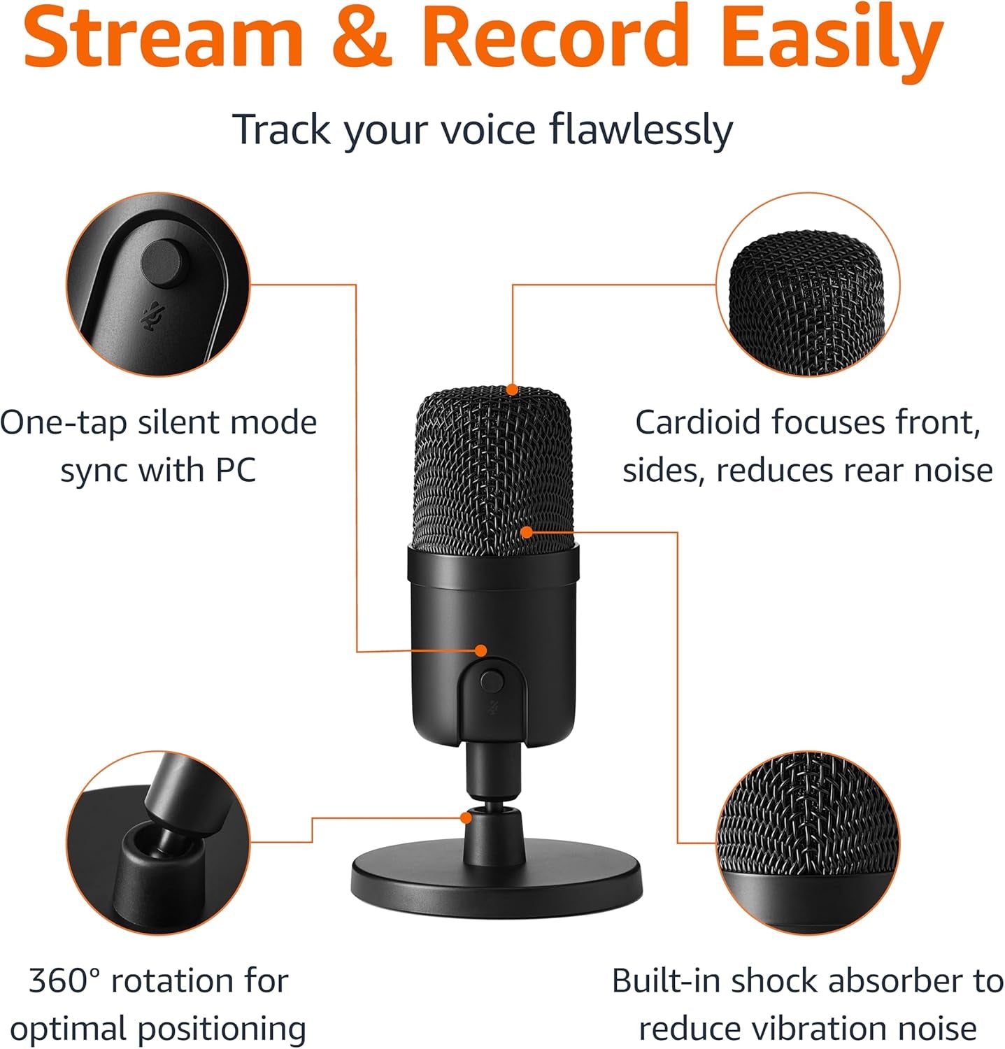 USB Condenser Microphone for Streaming, Recording, and Podcasting on PC, Plug and Play, Cardioid Pickup, Adjustable Stand with 360° Rotation, 5.8 X 3.4 Inches, Black