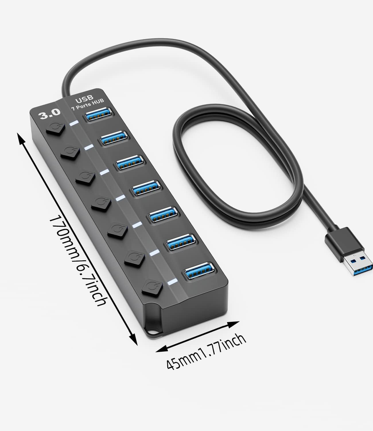 USB 3.0 Hub,  7-Port USB Data Hub Splitter with 3Ft Long Cable USB Extension for Laptop,Pc Computer,Surface Pro, PS4/5, Flash Drive, Mobile HDD - with LED Individual On/Off