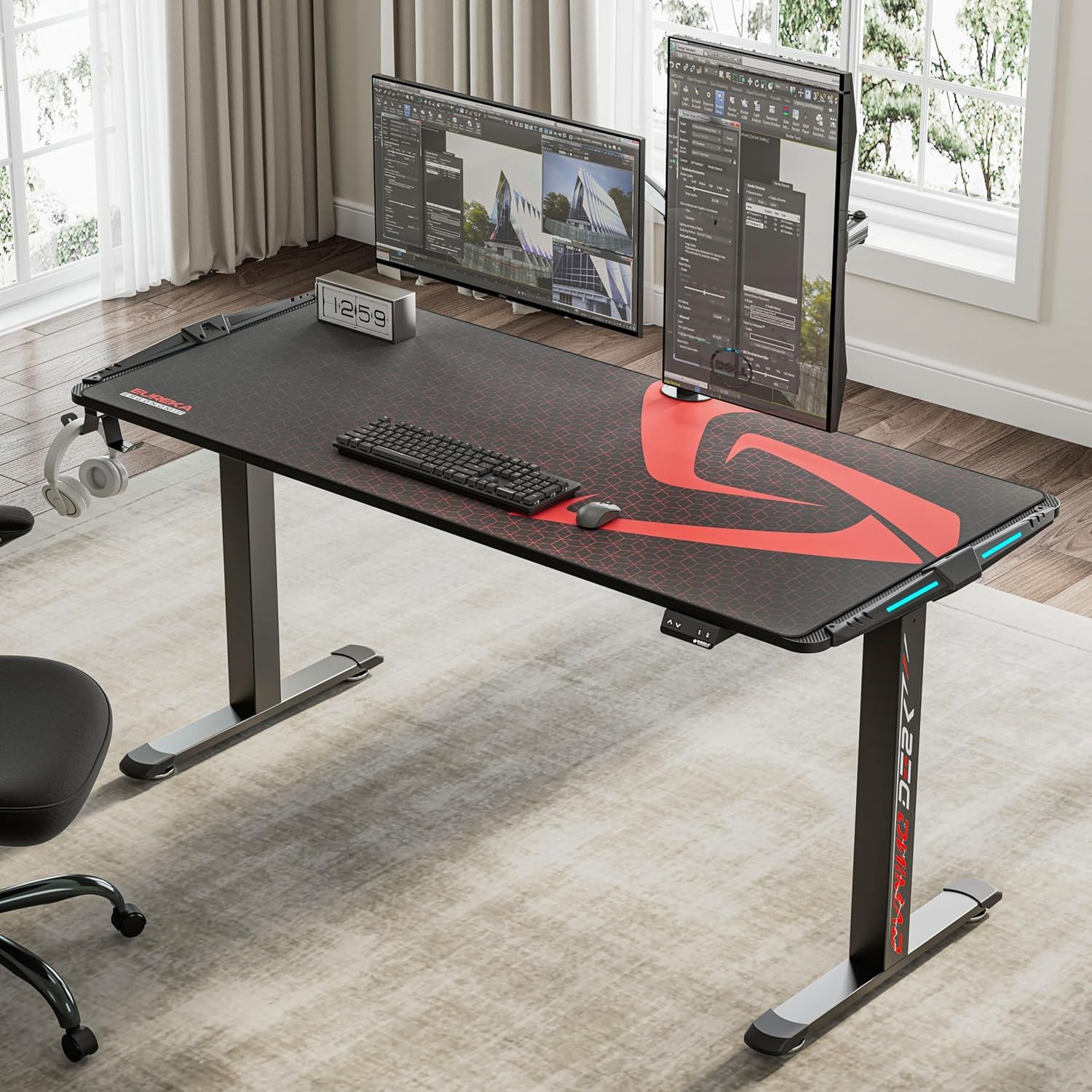 65 Inch Electric Height Adjustable Gaming Desk Standing Desk, Large Computer Table with RGB LED Lights and Extended Gaming Mouse Mat for Gaming and Home Office,Black