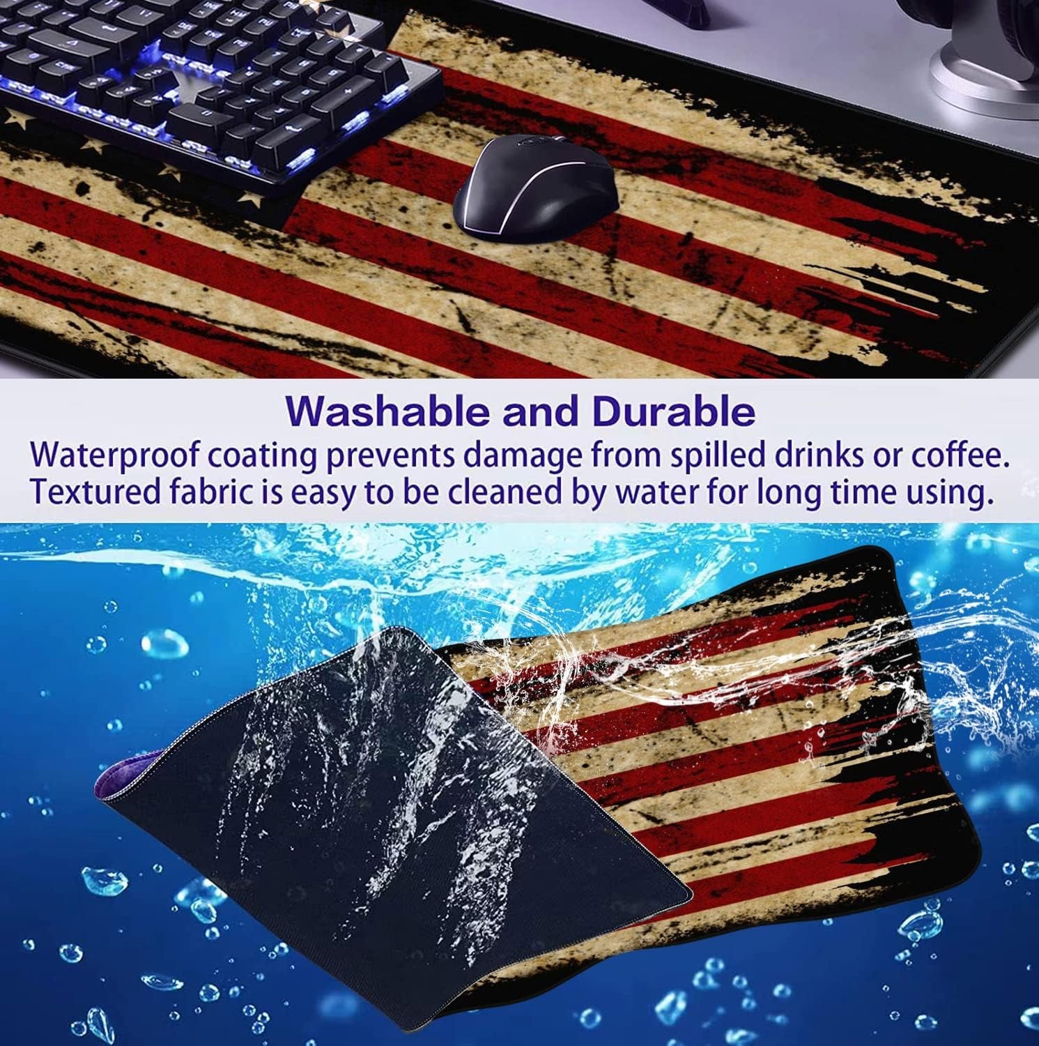 Large Extended Gaming Mouse Pad with Stitched Edges, Non-Slip Waterproof Rubber Base Mouse Pad for Office, Computer, Keyboard, Laptop and Home Desk Pad 35.4 X 15.7 X 0.12 Inch (American Antique Flag)