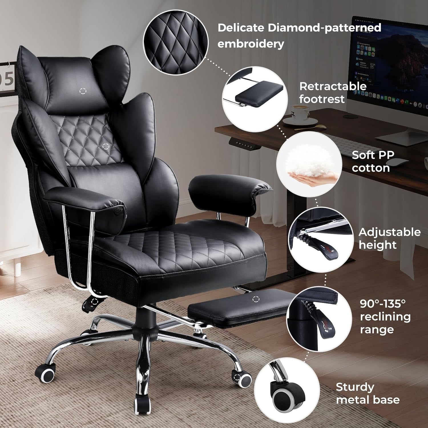 Big and Tall Office Chair, High Back Leather Gaming Chair with Footrest, Executive Ergonomic Office Chair with Pocket Spring Lumbar Support and with Outward Fixed Soft Armrests