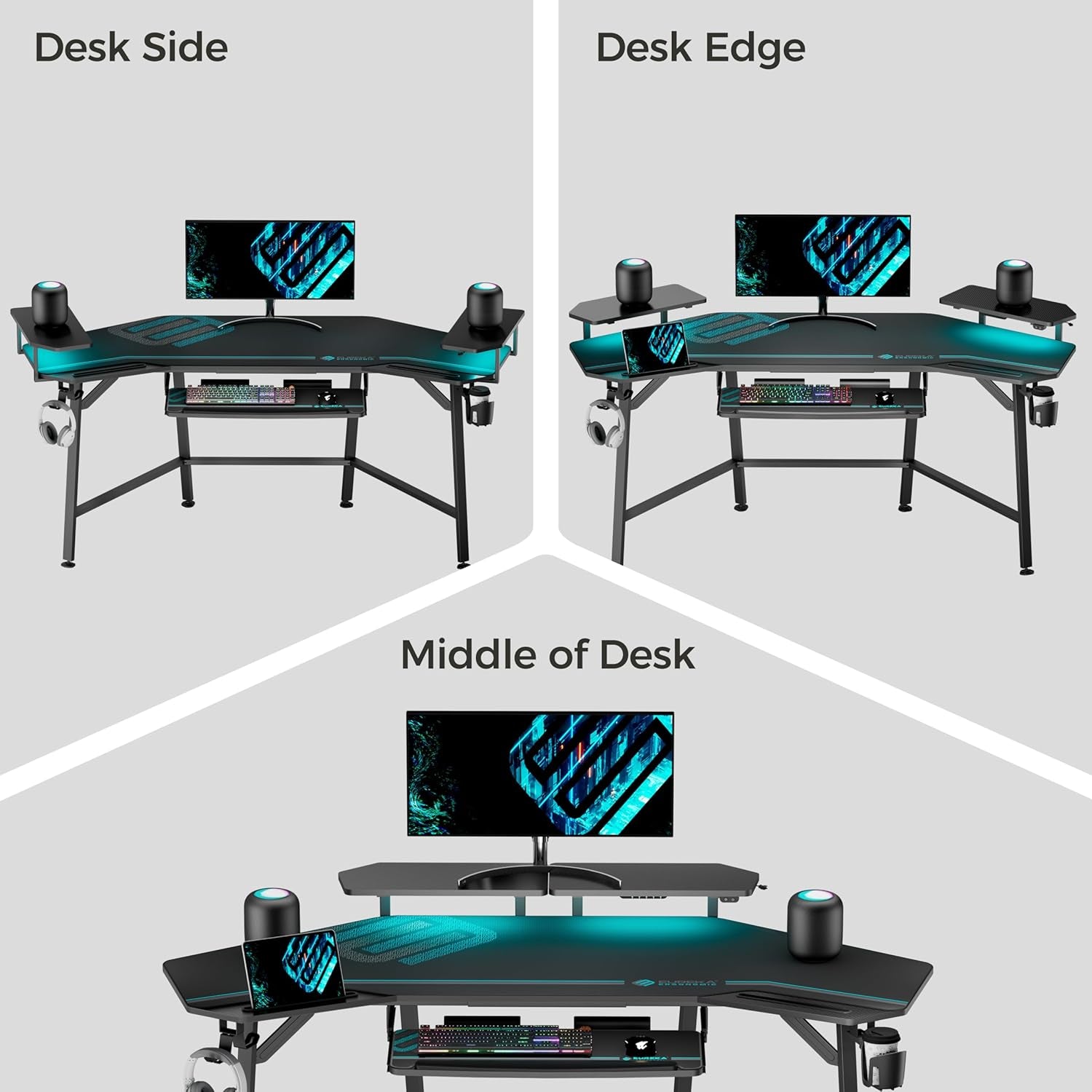 Aero Gaming Desk with Led Lights, 72" Large Wing-Shaped Studio Desk W Keyboard Tray Monitor Stand Dual Headphone Hanger Cup Holder for Live, Streamer