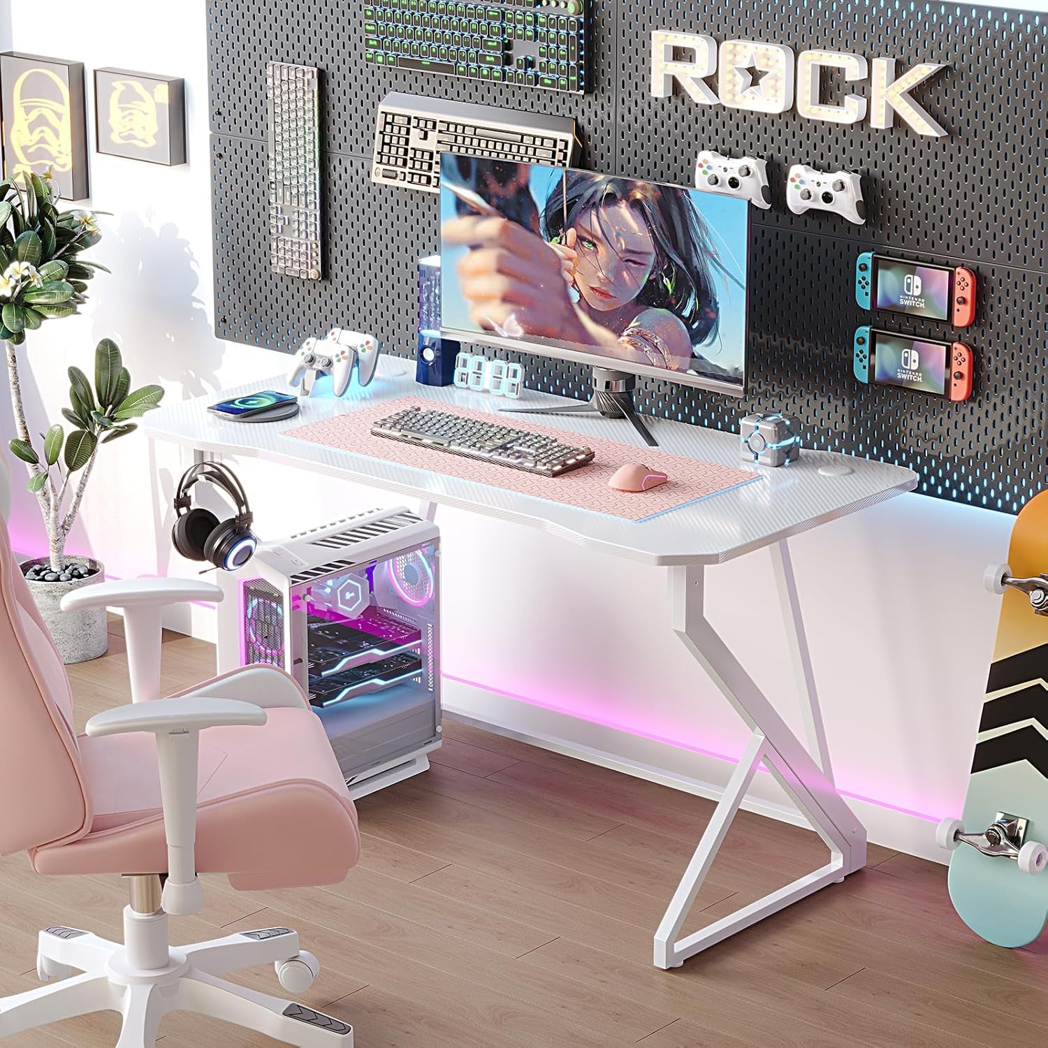 Gaming Desk Z Shaped 40 Inch Gamer Workstation, Home Computer Carbon Fiber Surface Gaming Desk PC Table with Headphone Hook, Carbon Fiber White