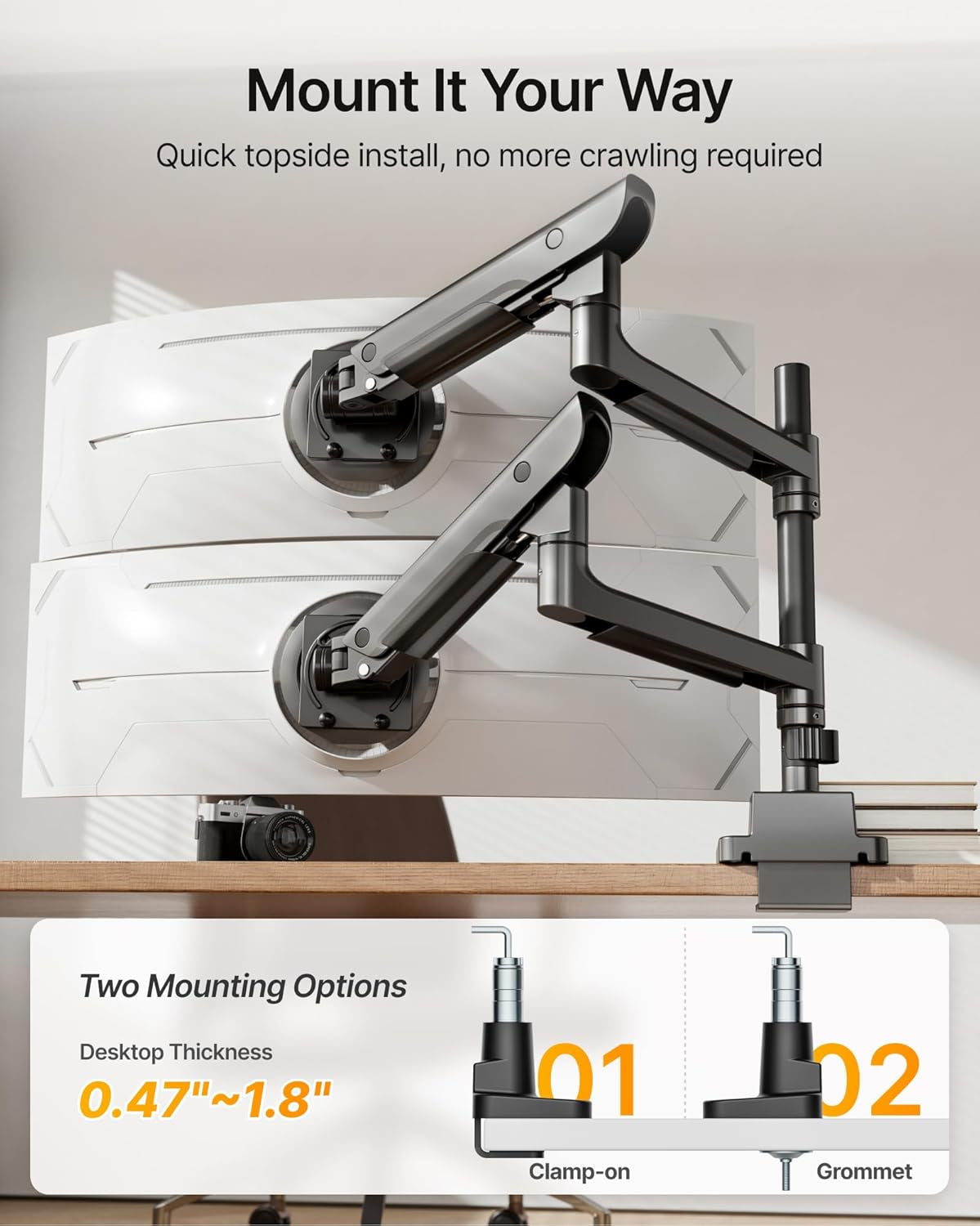 Sleek Aluminum Monitor Arm for 17–57” Ultrawide Screens up to 59 Lbs, USB 3.0 A/C, Heavy Duty Dual Monitor Arm Desk Mount, Pneumatic Lift, Quick-Release Plate, Clamp/Grommet, Max VESA 100X100