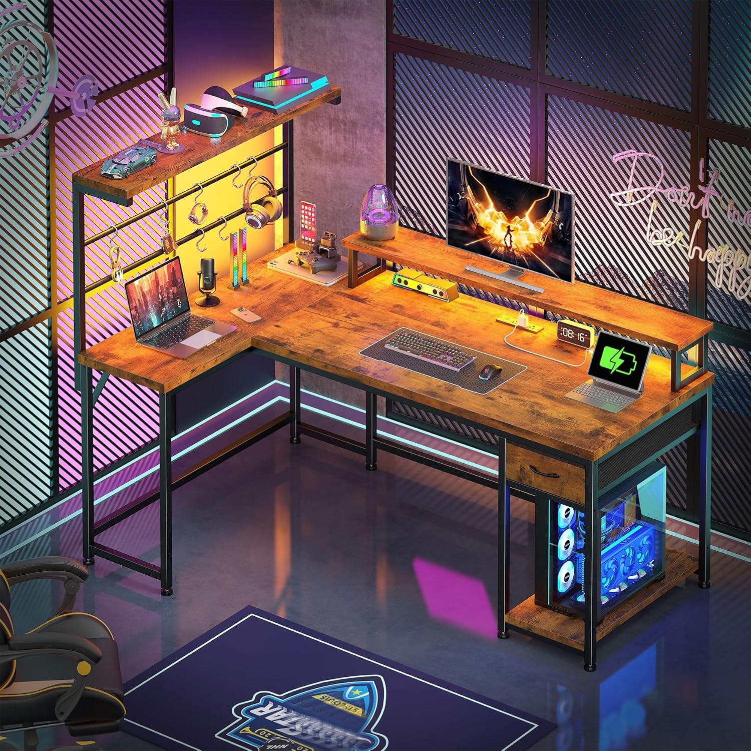 53 Inch Gaming Desk with Hutch & Drawer, Reversible L Shaped Computer Desk with Hooks & Monitor Stand, Table for Writing with LED Light & Power Outlet,Corner Desk for Office, Rustic Brown