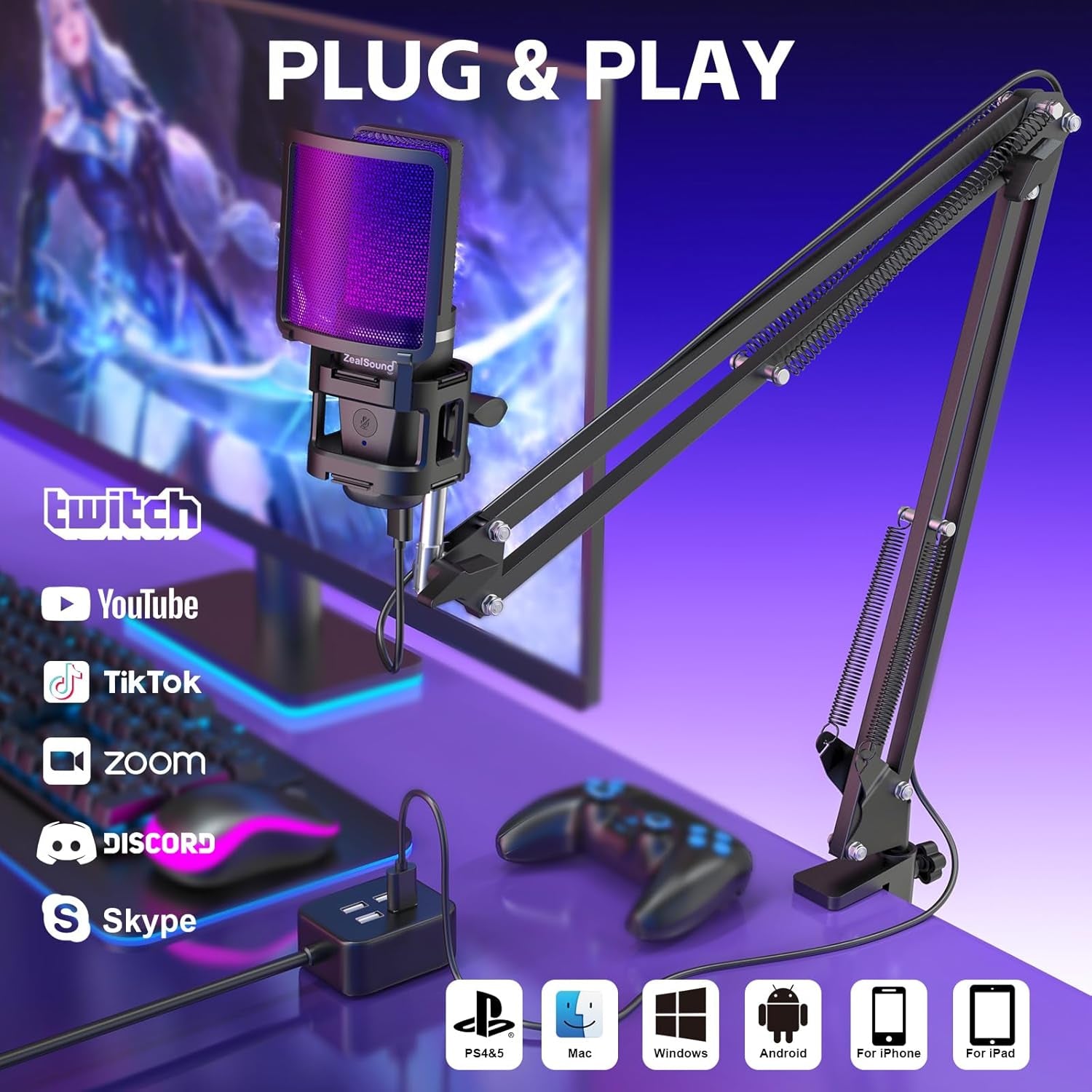 Gaming USB Microphone,Noise Cancellation Condenser Mic,Rgb Microphone with Mute,Gain,Monitoring,Boom Arm,Pop Filter for Phone,Pc,Computer,Ps4,Ps5,Mac,Streaming,Podcast,Twitch,Youtube,Discord