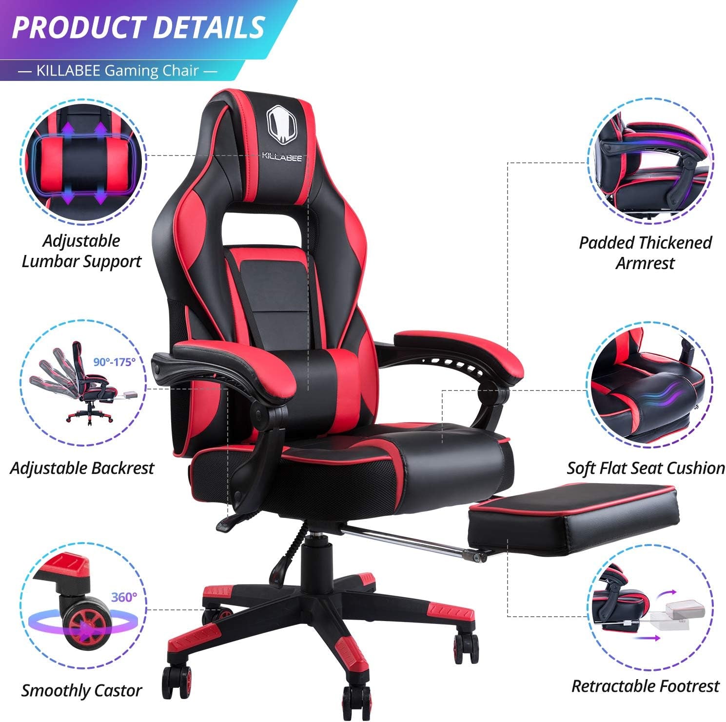Massage Gaming Chair High Back PU Leather PC Racing Computer Desk Office Swivel Recliner with Retractable Footrest and Adjustable Lumbar Support, Red/Black