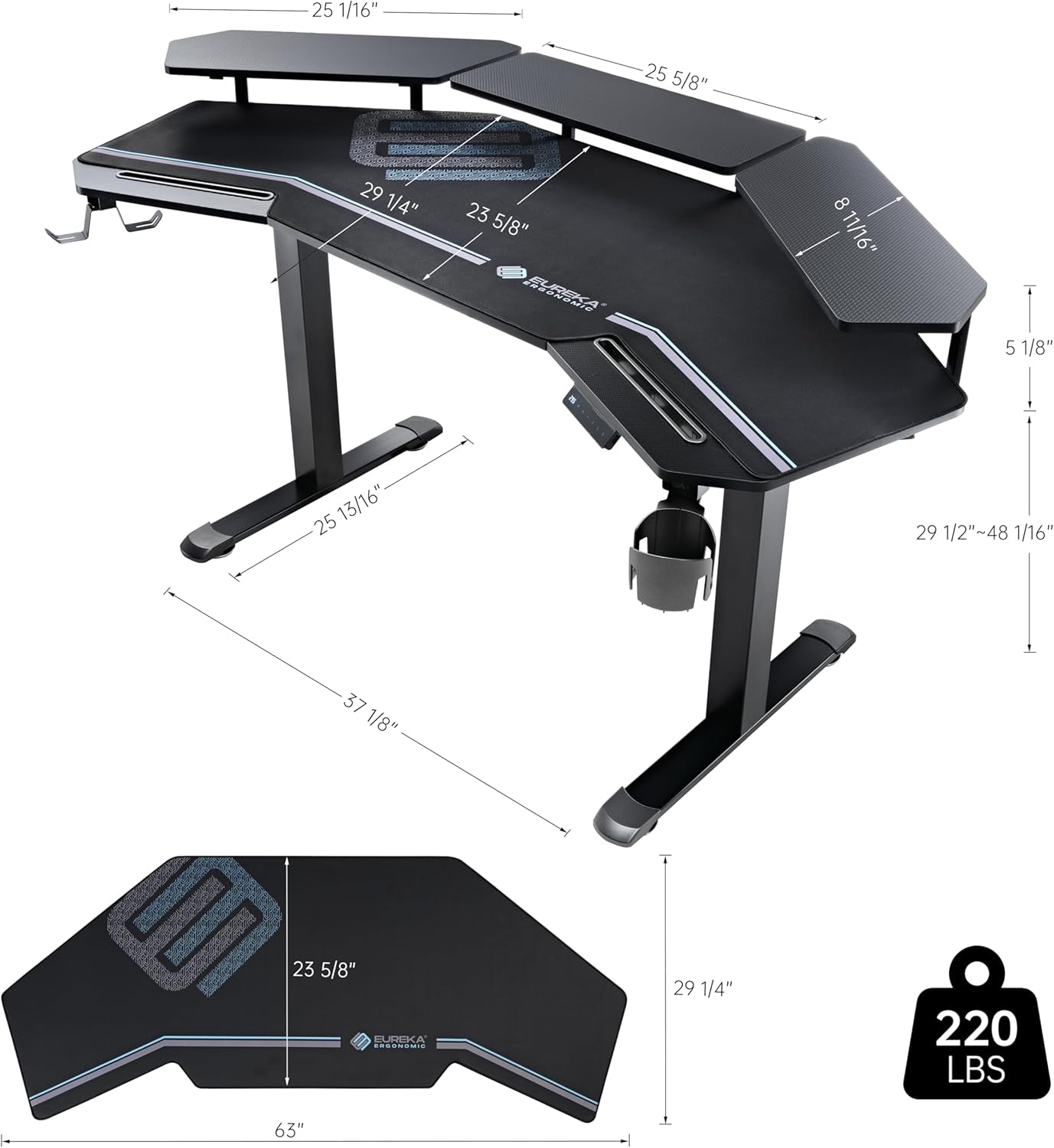 Gaming Desk Adjustable Height Standing Desk 63" Wing Shaped Music Studio Table Workstation W Full Coverage Mousepad, 3 Stands, Dual Headphone/Cup Holder, Ipad-Slot