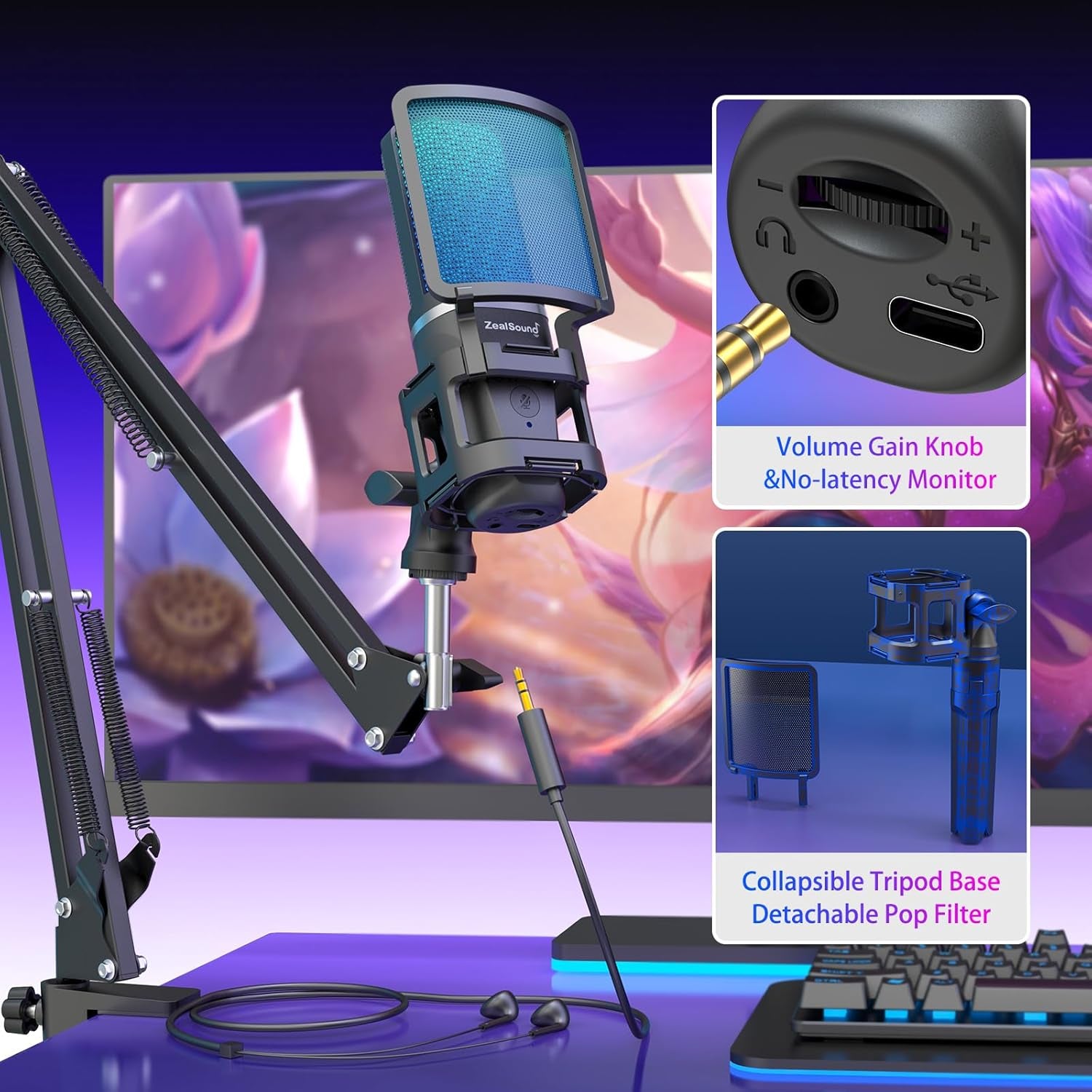 Gaming USB Microphone,Noise Cancellation Condenser Mic,Rgb Microphone with Mute,Gain,Monitoring,Boom Arm,Pop Filter for Phone,Pc,Computer,Ps4,Ps5,Mac,Streaming,Podcast,Twitch,Youtube,Discord
