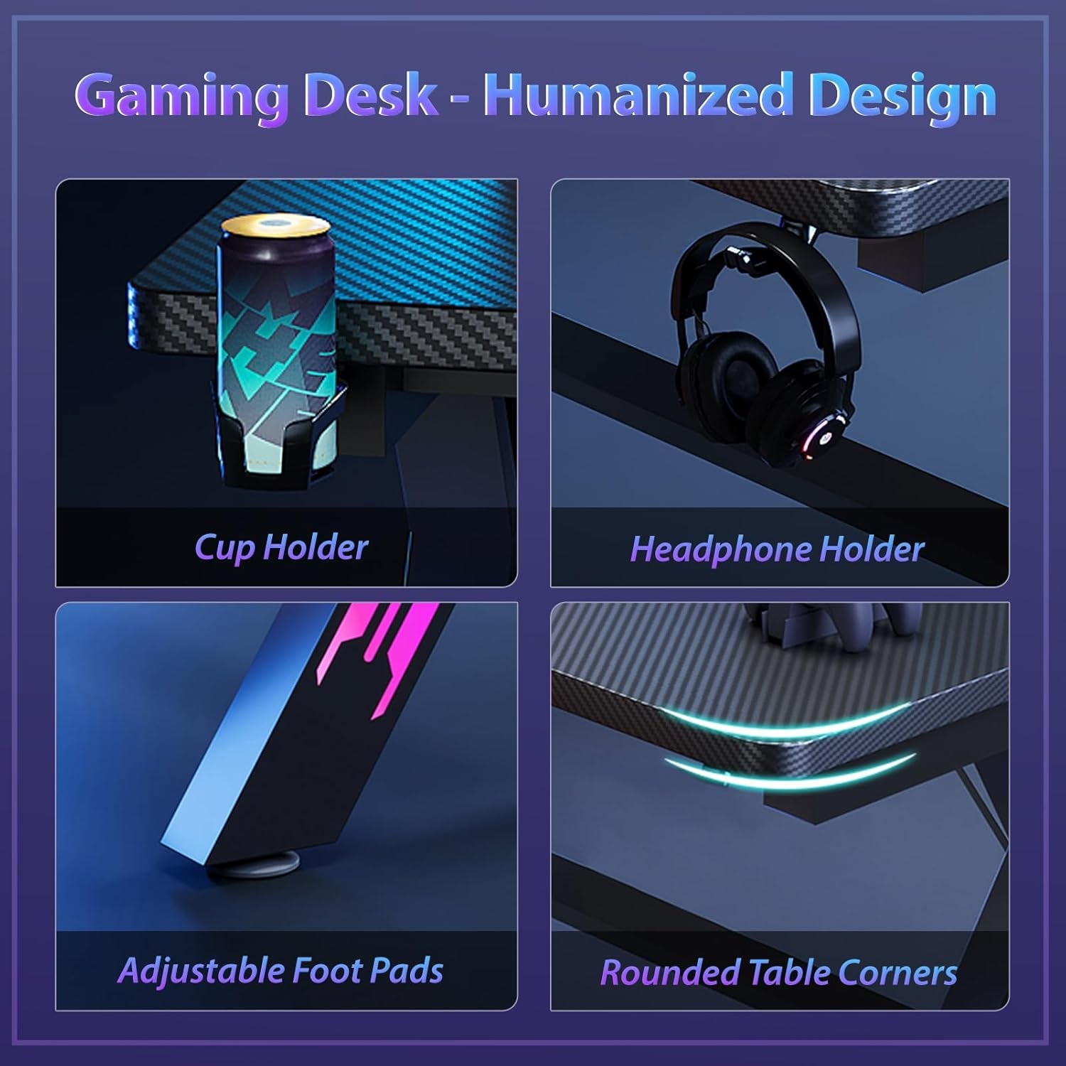 55.11 Inch Gaming Desk Computer Desk with LED Lights, Sturdy Small Desk for Bedroom, Home Office Desks Ergonomic PC Gaming Table Workstation W/Cup Holder, Headphone Hook, Cable Box, Carbon Fiber Black