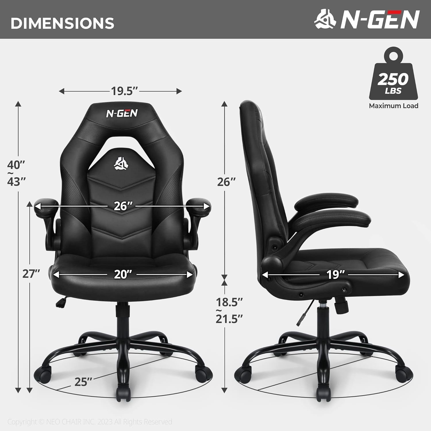 N-GEN Video Gaming Chair Ergonomic Computer Desk Office Chair with Lumbar Support Adjustable Height Swivel Wheels Flip-Up Arms PU Leather Home and Office (Black)