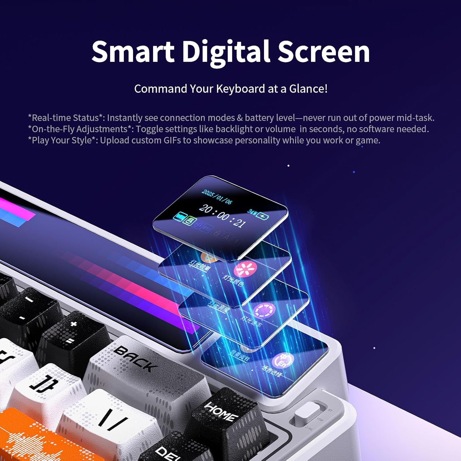 X Aula AMG65 Mechanical Gaming Keyboard with Dual Screen, 65% Wireless Small Custom Keyboard RGB, Bluetooth/2.4G/Wired, Rapid Trigger, Hot Swappable for Windows Laptop PC Mac - Purple