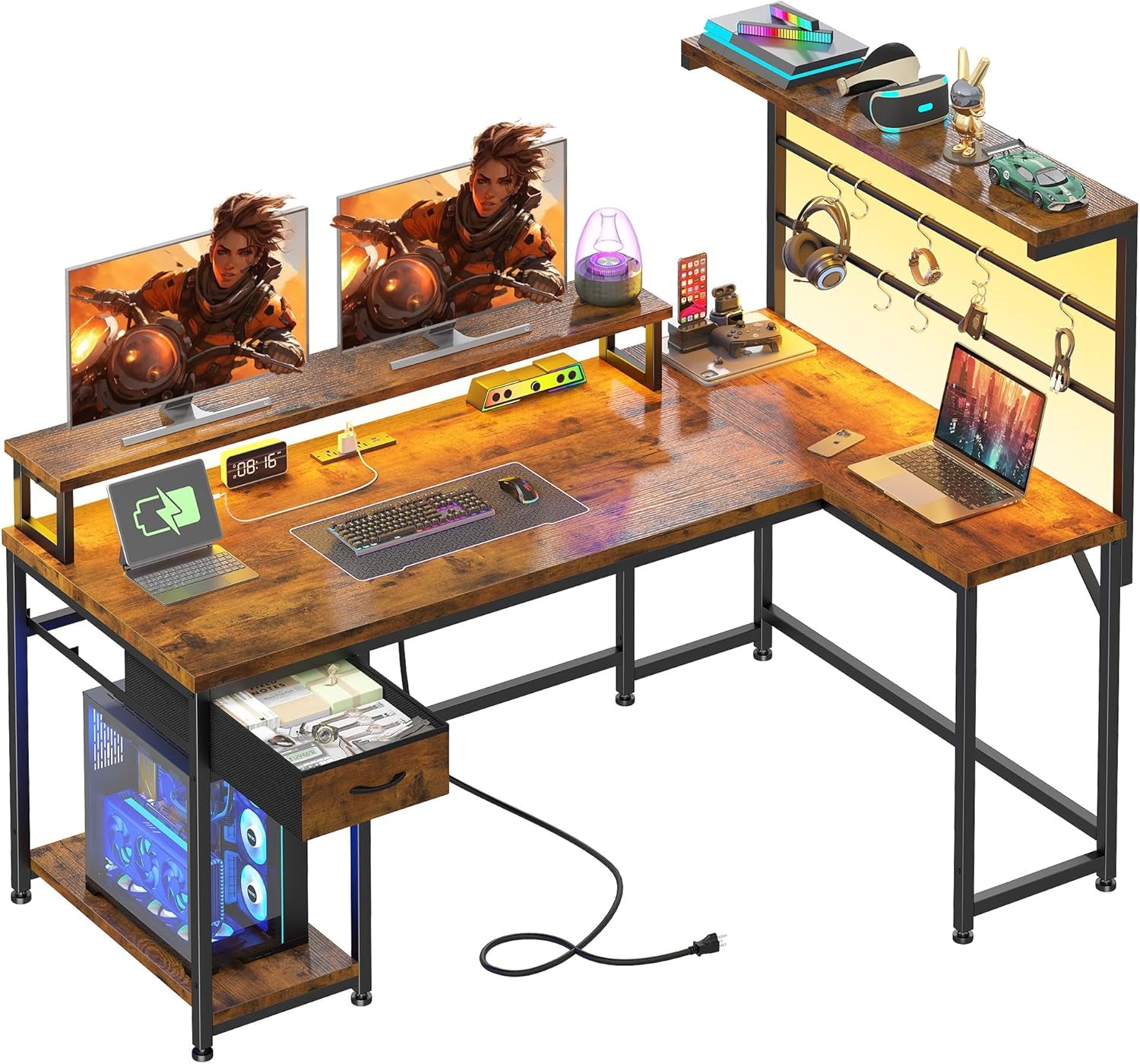 53 Inch Gaming Desk with Hutch & Drawer, Reversible L Shaped Computer Desk with Hooks & Monitor Stand, Table for Writing with LED Light & Power Outlet,Corner Desk for Office, Rustic Brown