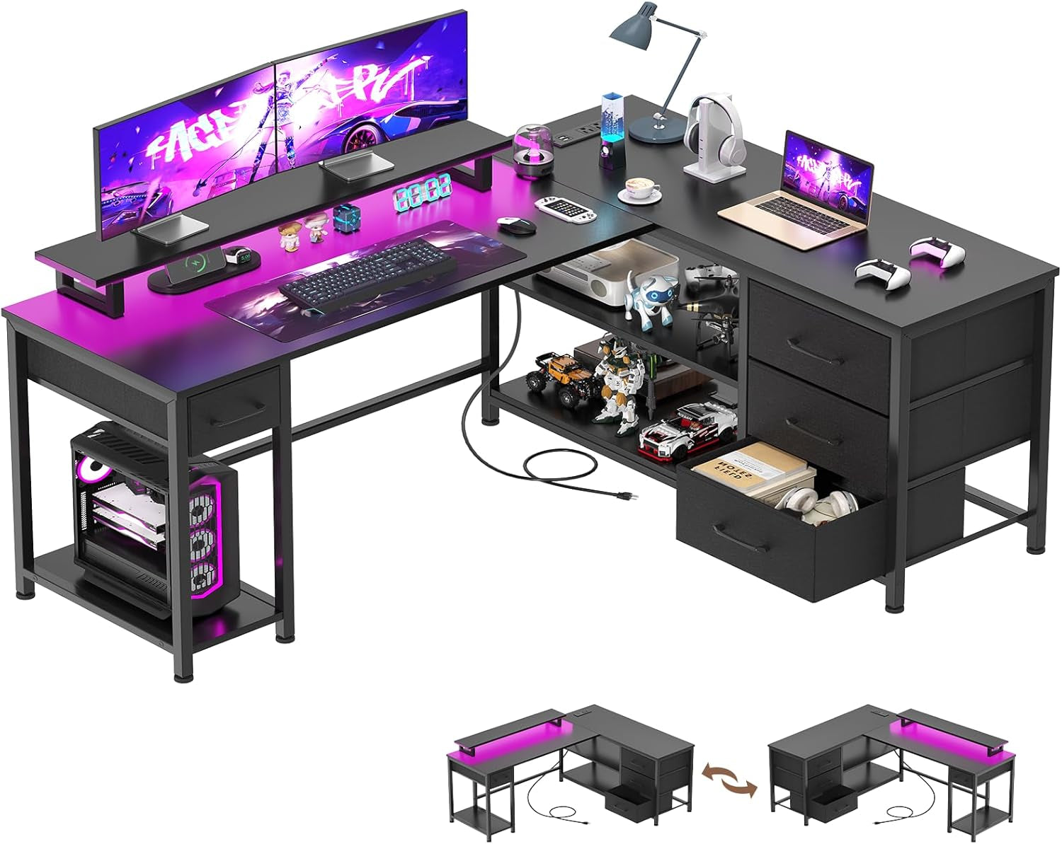 61" L Shaped Computer Gaming Desk with USB Charging Ports and LED Lights, Reversible Corner Desk with Drawers, Home Office Desk with Storage Shelves, Black