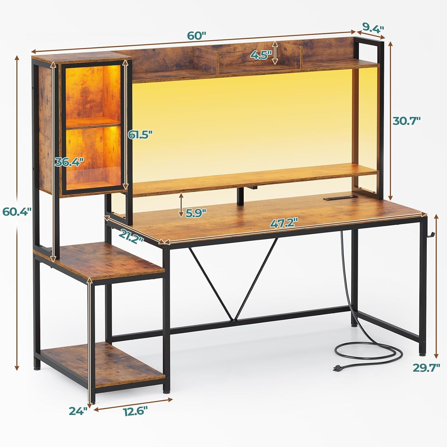 Gaming Desk, 60'' Gaming Desk with Hutch and LED Lights, Computer Desk with Storage Shelves, Large PC Gamer Desk with Display Cabinet, Monitor Stand, Power Outlet for Home Office, Rustic Brown