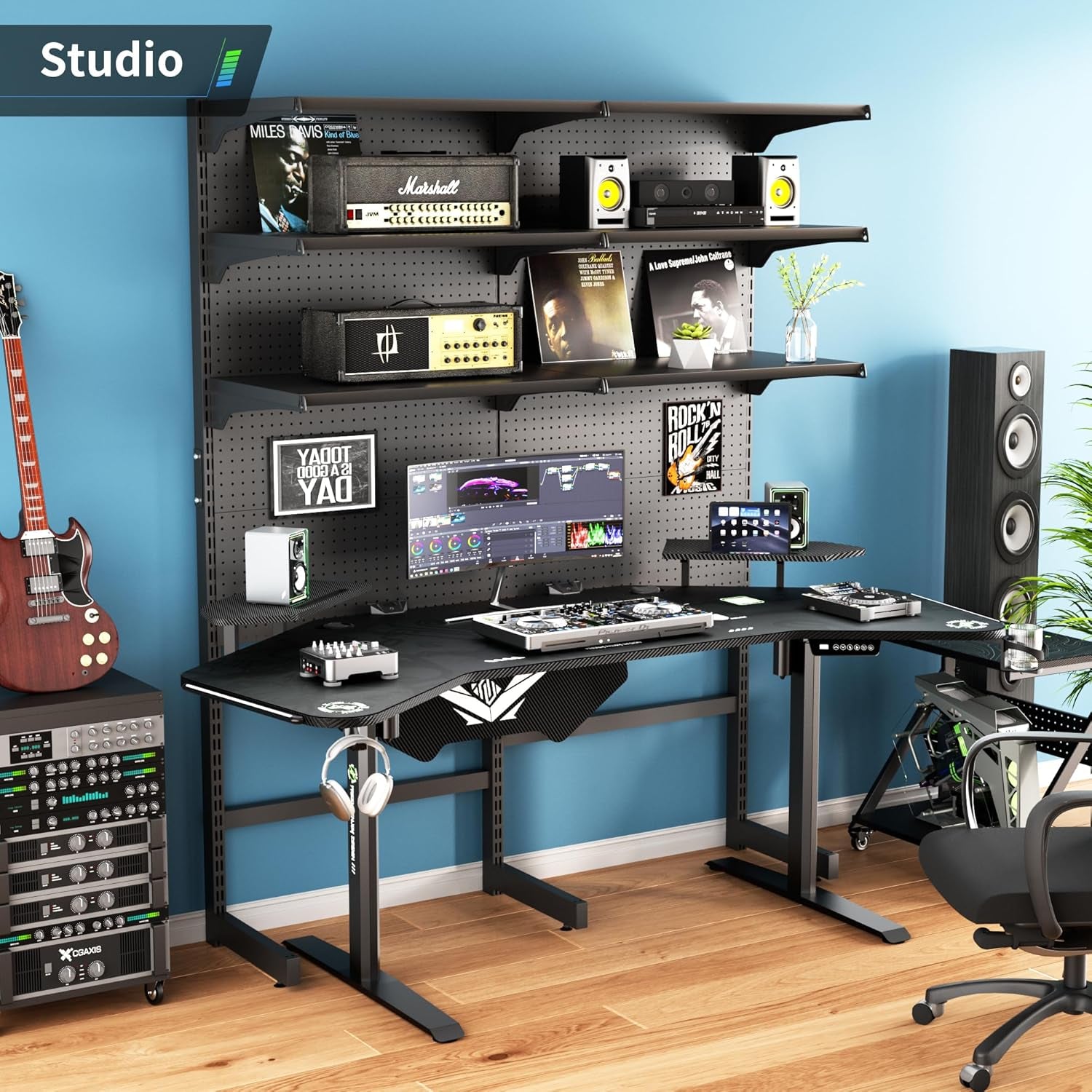 72" Standing Gaming Desk with Dual Motor, Wing-Shaped Computer Desk with Full Coverage Mouse Pad, Electric Height Adjustable Standing Desk with RGB LED Lights and Slot Design Shelves