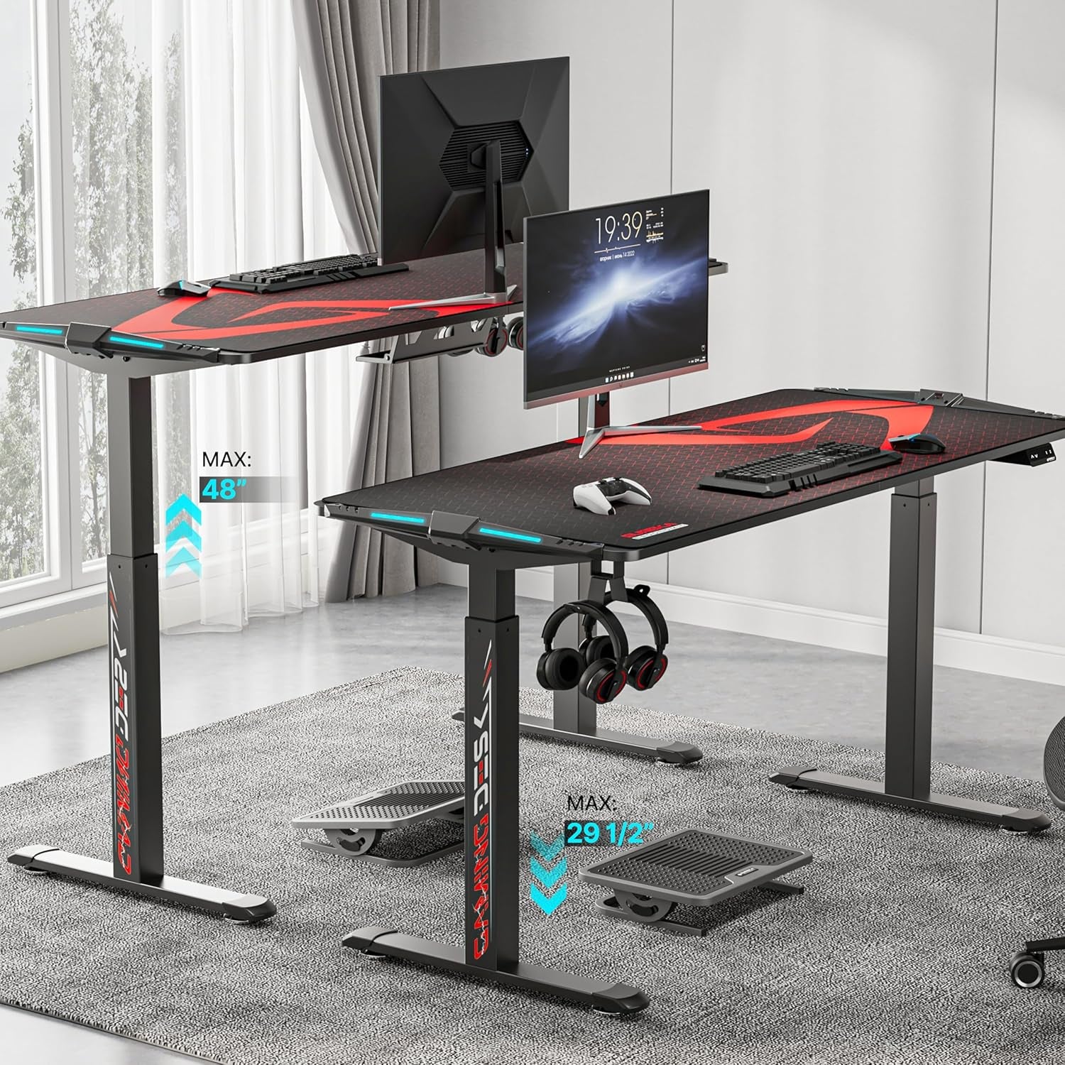 65 Inch Electric Height Adjustable Gaming Desk Standing Desk, Large Computer Table with RGB LED Lights and Extended Gaming Mouse Mat for Gaming and Home Office,Black