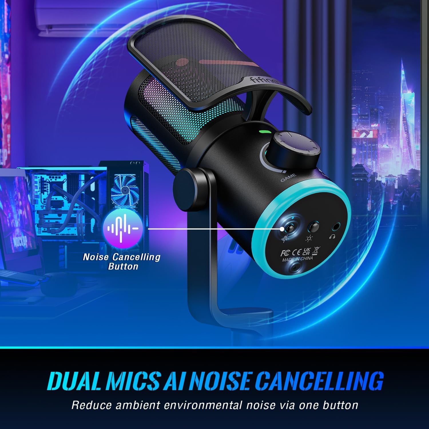 Gaming PC Microphone, USB Streaming Microphone with Game Chat Balance, Computer Condenser Desktop RGB Mic with Mute Button, Noise Cancellation for Podcast/Twitch/Discord-Ampligame AM6