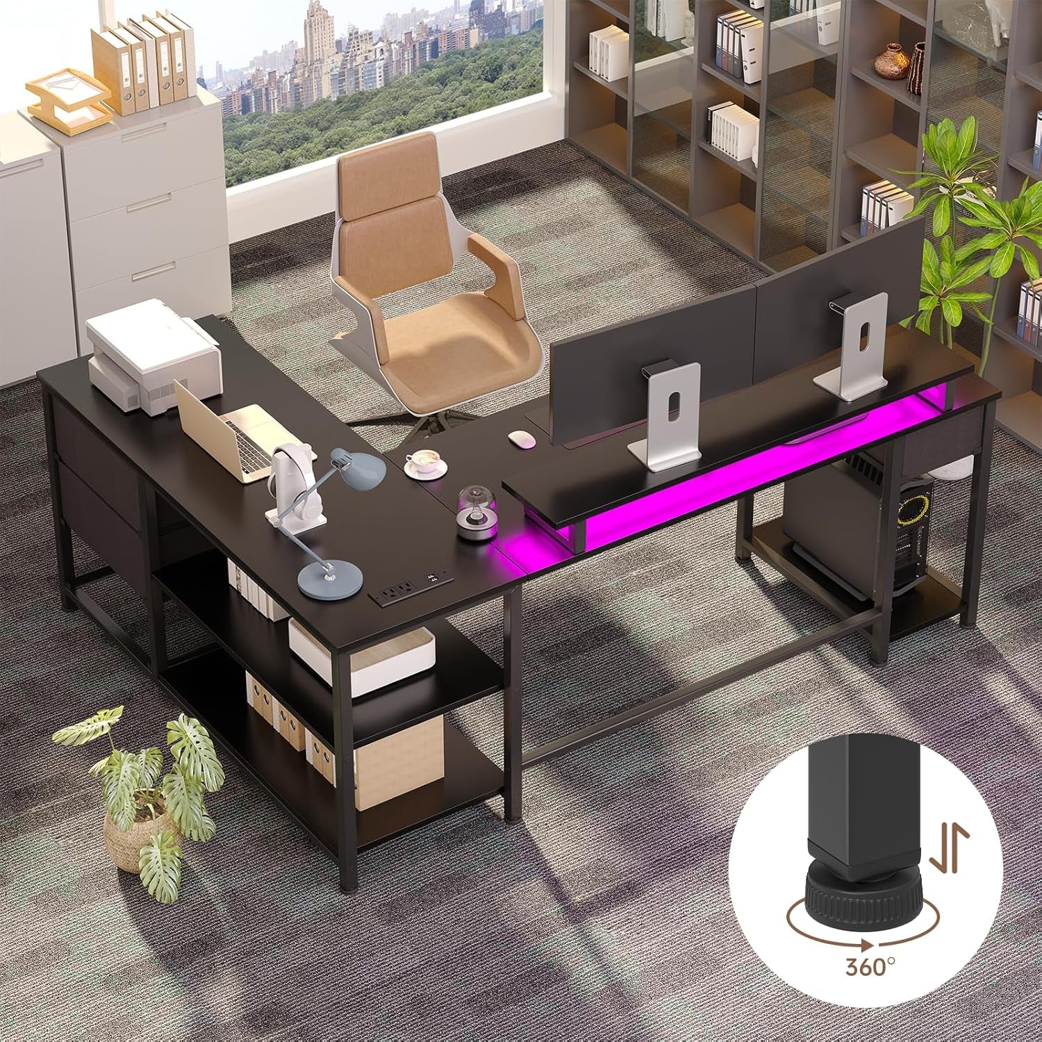 61" L Shaped Computer Gaming Desk with USB Charging Ports and LED Lights, Reversible Corner Desk with Drawers, Home Office Desk with Storage Shelves, Black