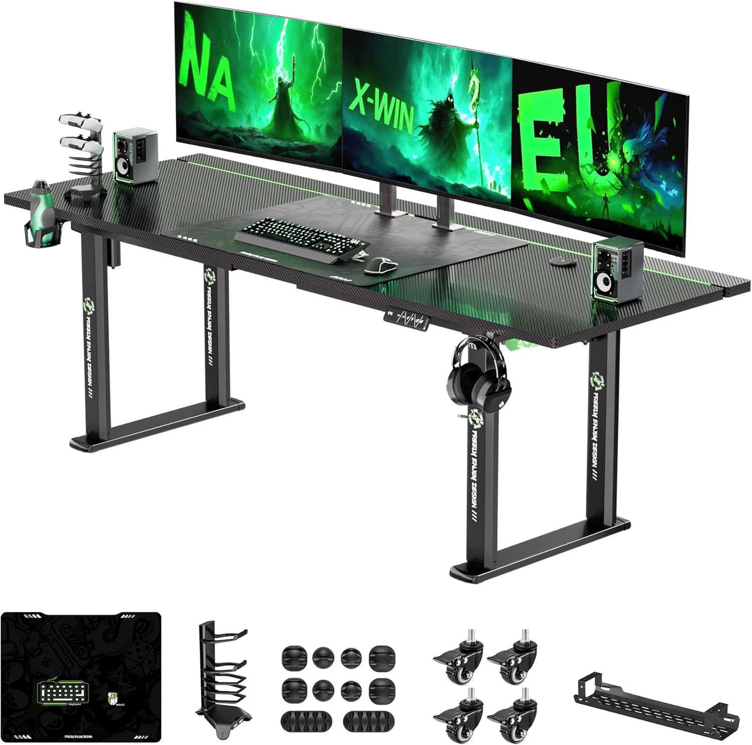 71" X 30" Gaming Standing Desk, 4-Leg Electric Height Adjustable, Sit to Stand Desk with LED Light and Locking Wheels, Flip-Top Design, Ergonomic Computer Desk, Carbon Fiber Texture