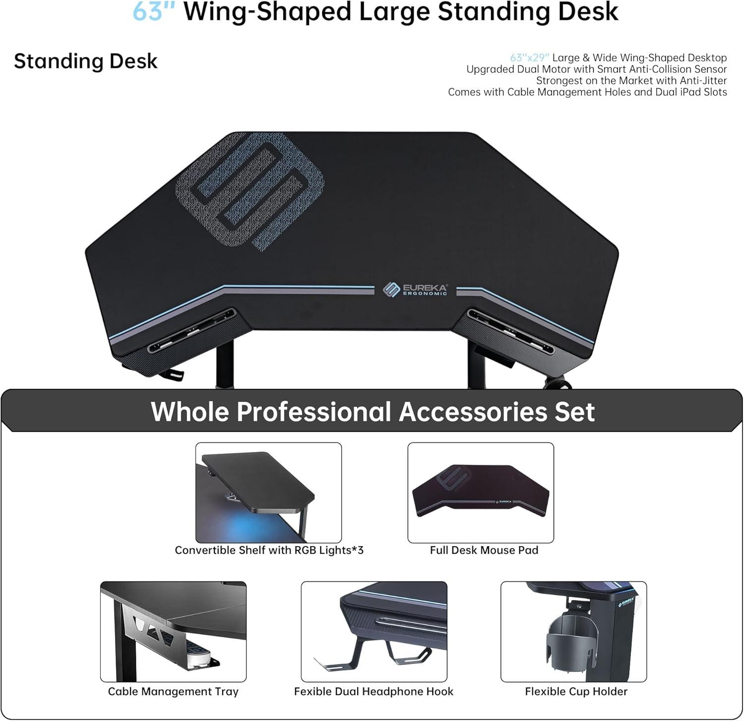 Gaming Desk Adjustable Height Standing Desk 63" Wing Shaped Music Studio Table Workstation W Full Coverage Mousepad, 3 Stands, Dual Headphone/Cup Holder, Ipad-Slot