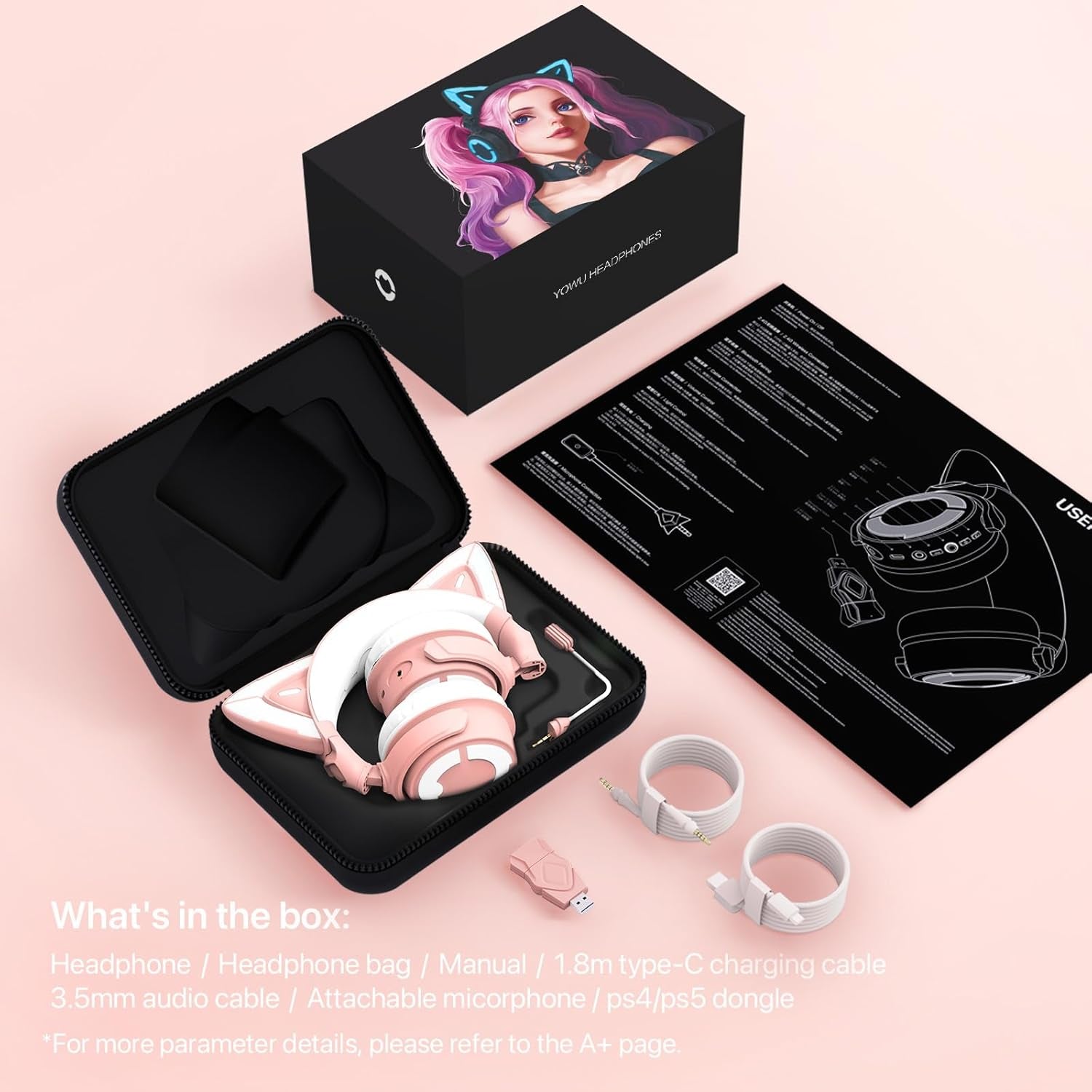 RGB Cat Ear Headphone 4, Upgraded Wireless & Wired Gaming Headset with Attachable HD Microphone -Active Noise Reduction, Dual-Channel Stereo & Customizable Lighting and Effect via APP (Pink)